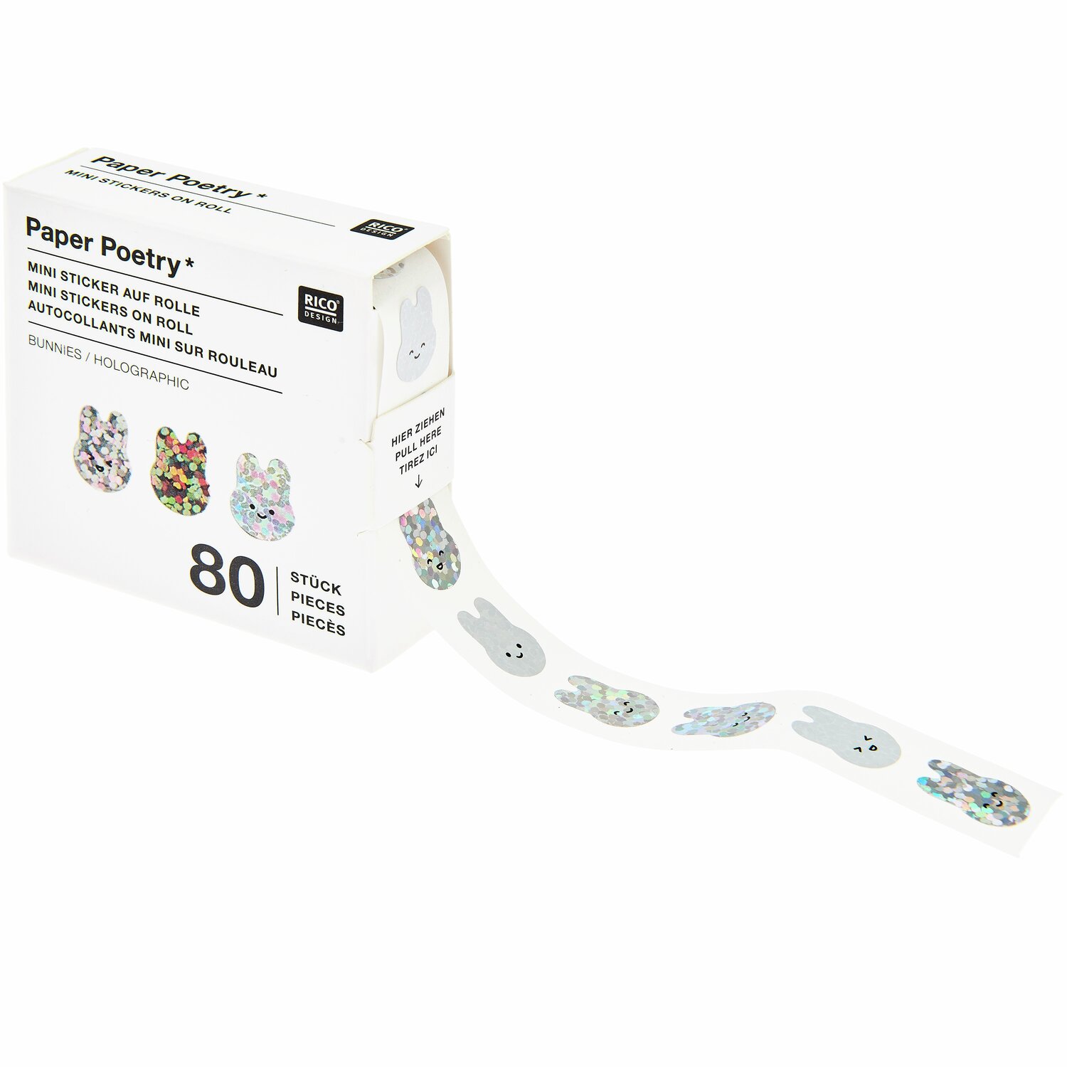 Paper Poetry Mini-Sticker Chingu Hasen, 80 Stück, 1x1cm, silberne Hasen-Motive auf Rolle, ideal für kreative Projekte.