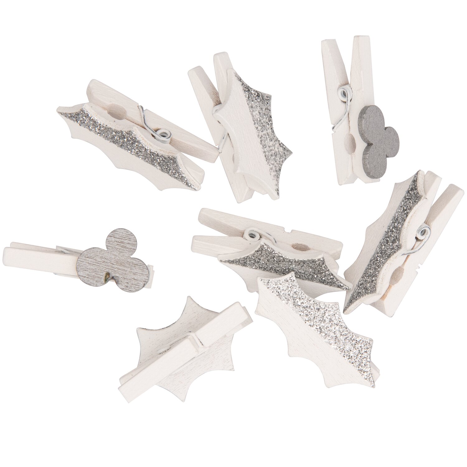 Dekoklammern Ilex weiß 8 Stück, ideal für kreative Projekte. Glitzernde Details in Weiß.