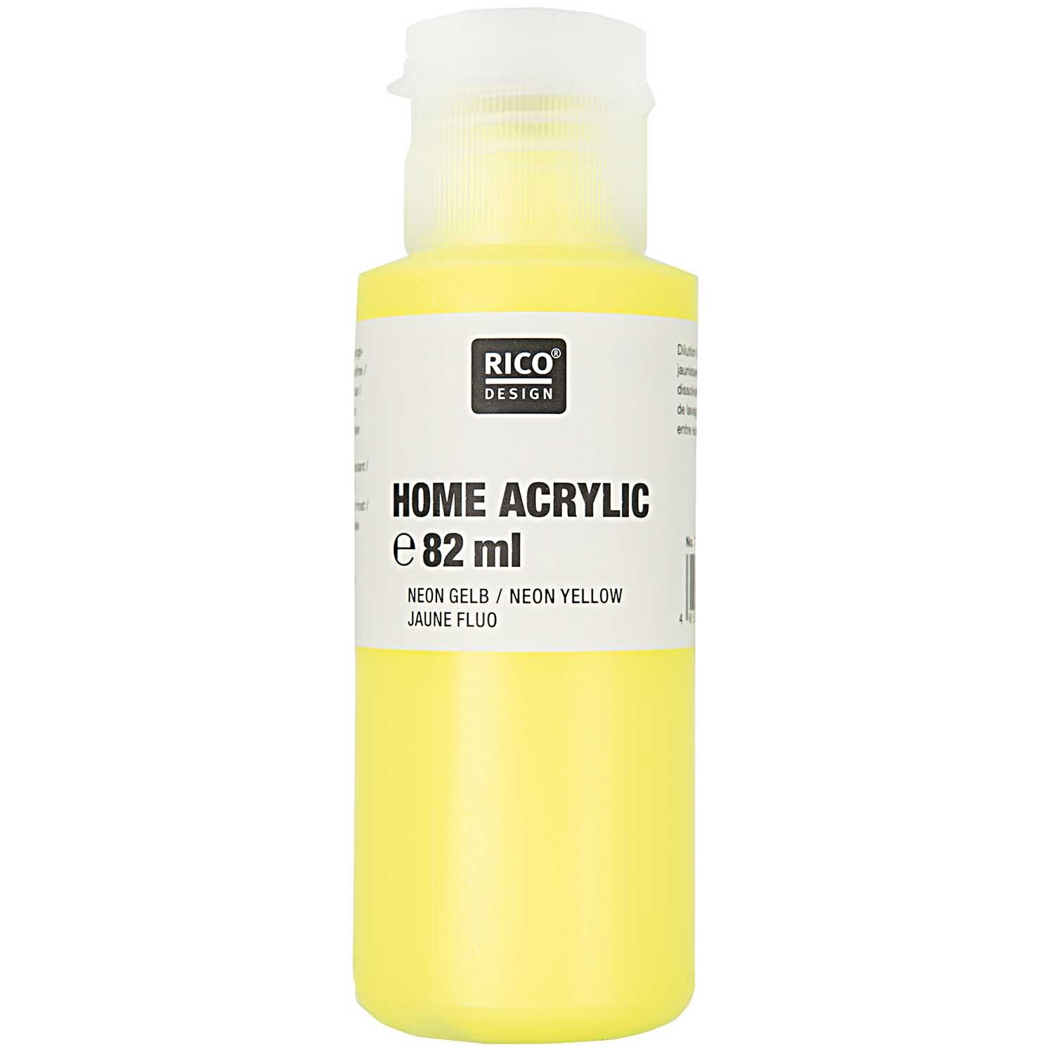 Home Acrylic: Lebhaftes Bild von leuchtend neongelber Acrylfarbe, 82ml von Rico Design, ideal für kreative Projekte.