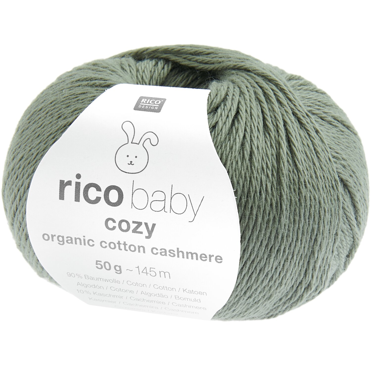 Baby Cozy Organic Cotton Cashmere: Weiches, grünes Garn von Rico Design, ideal für Strickprojekte. 50g, 145m.