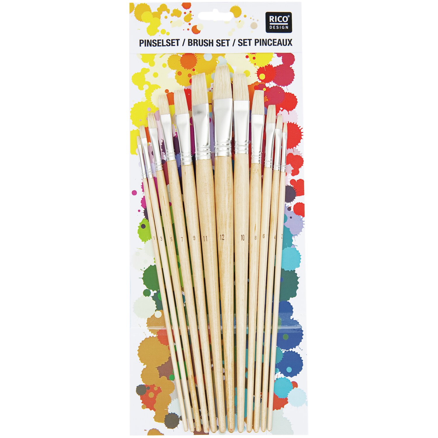 Borstenpinsel flach: 12-teiliges Set von Rico Design mit verschiedenen Pinselgrößen auf bunter Verpackung.