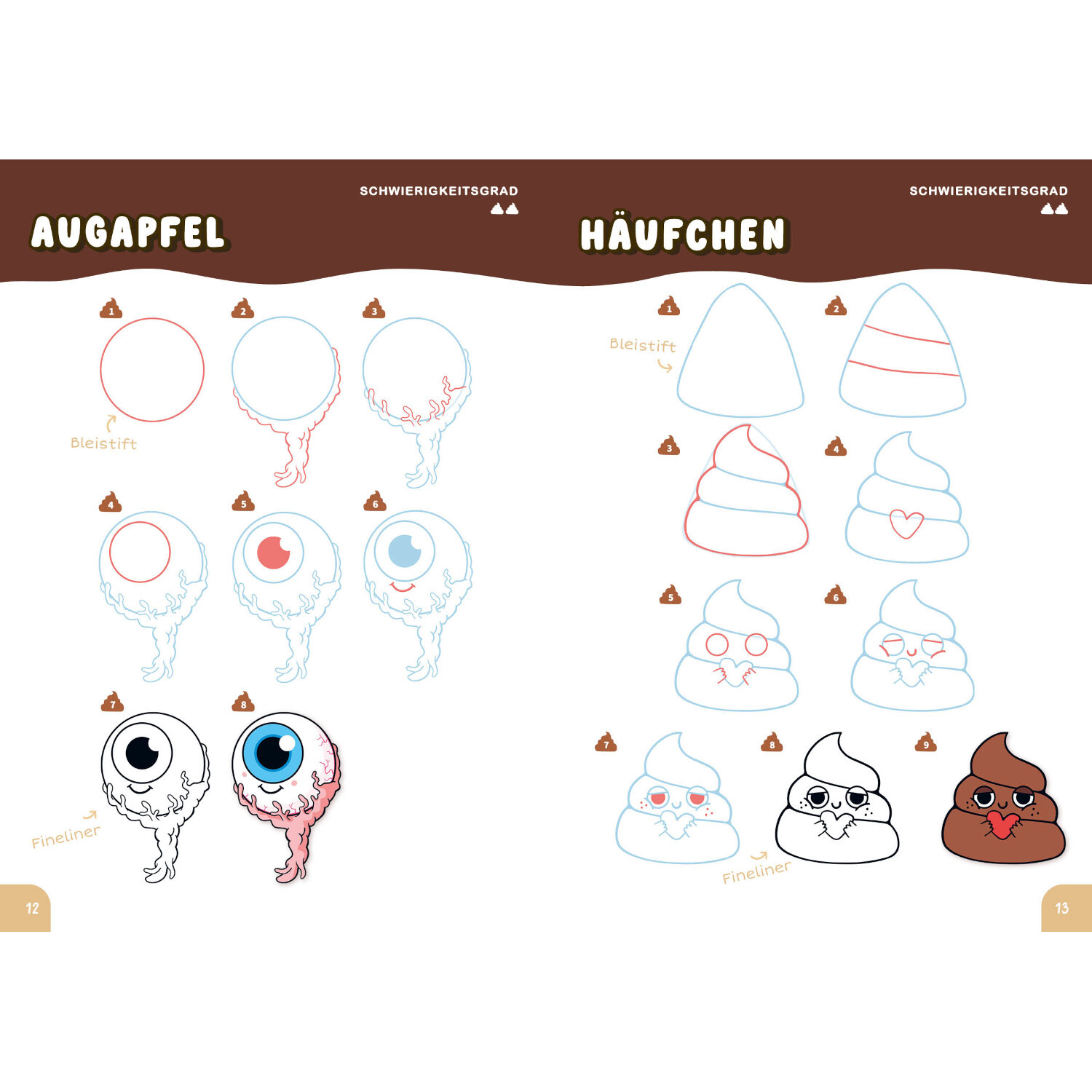 Die Kawaii-Zeichenschule – Trashy but Cute: Anleitung zum Zeichnen von Augäpfeln und Häufchen in niedlichem Stil.