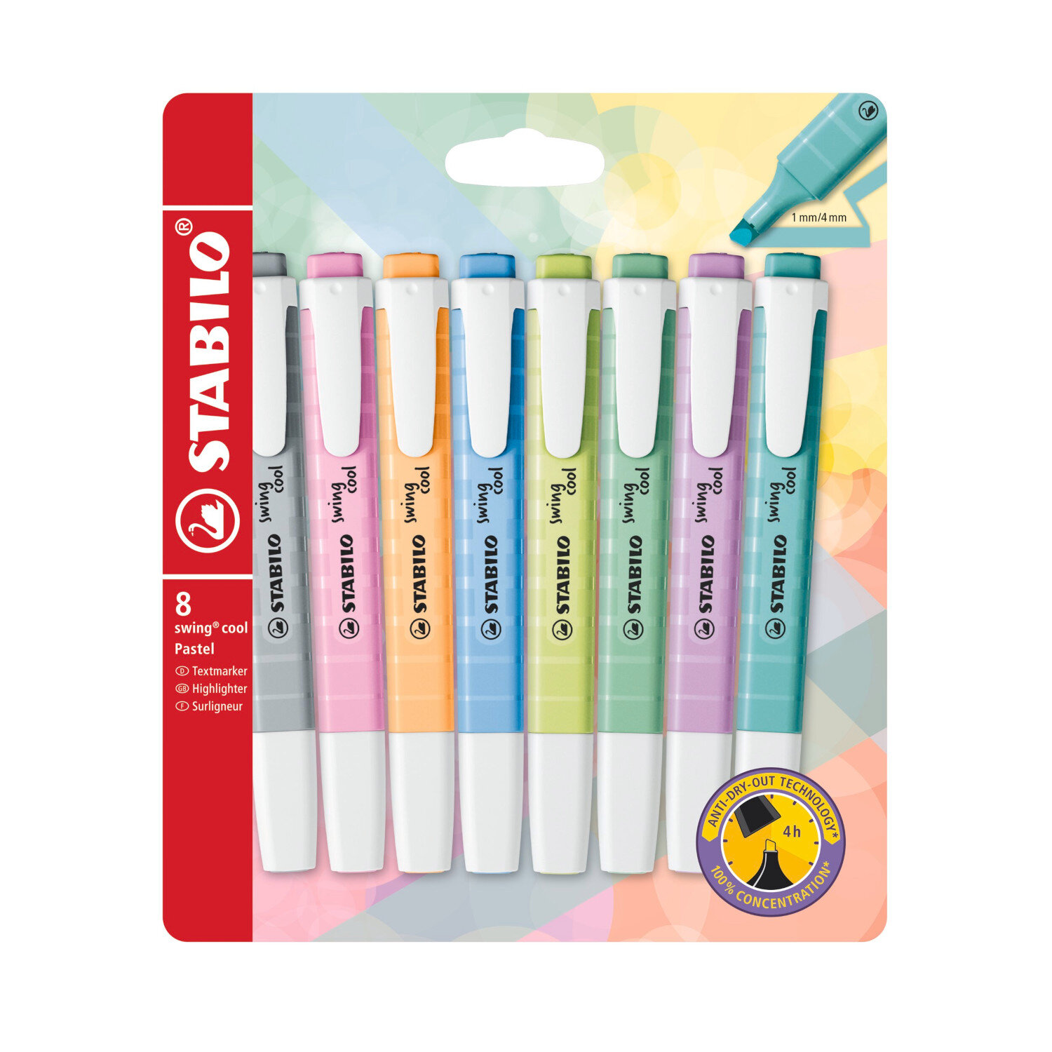 swing cool Textmarker Pastell 8 Stück, STABILO: Set aus acht pastellfarbenen Textmarkern in einer Verpackung. Ideal für Schule und Büro.