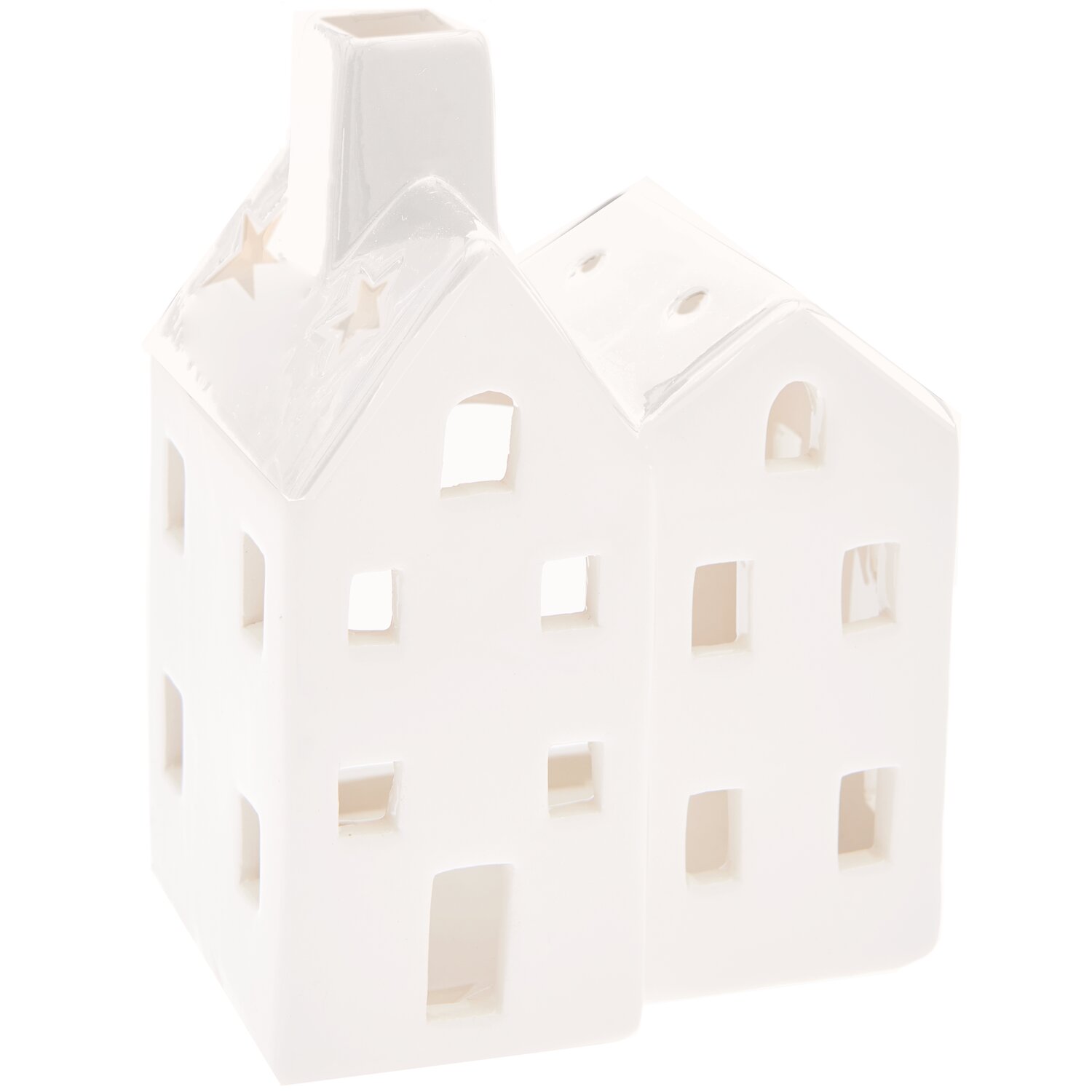 Keramik-Kerzenhalter Haus in Weiß, 10,5x8,5x14,5cm. Dekoratives Design mit sternförmigen Ausschnitten. Ideal für stimmungsvolle Beleuchtung.