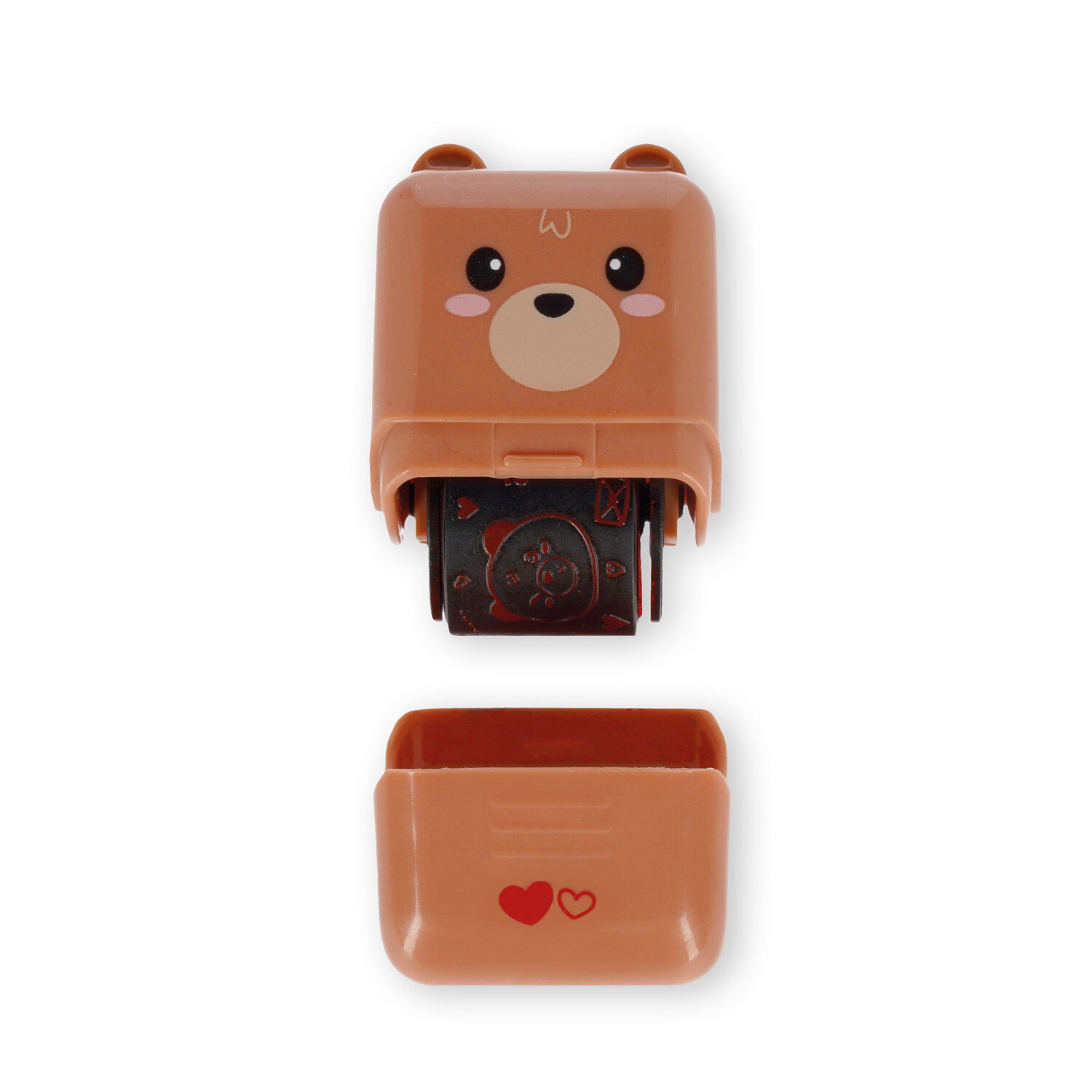 Deco Roller Stempel von Legami mit bärchenförmigem Gehäuse, geöffneter Kappe und sichtbarer Motivrolle mit kleinen Herzsymbolen