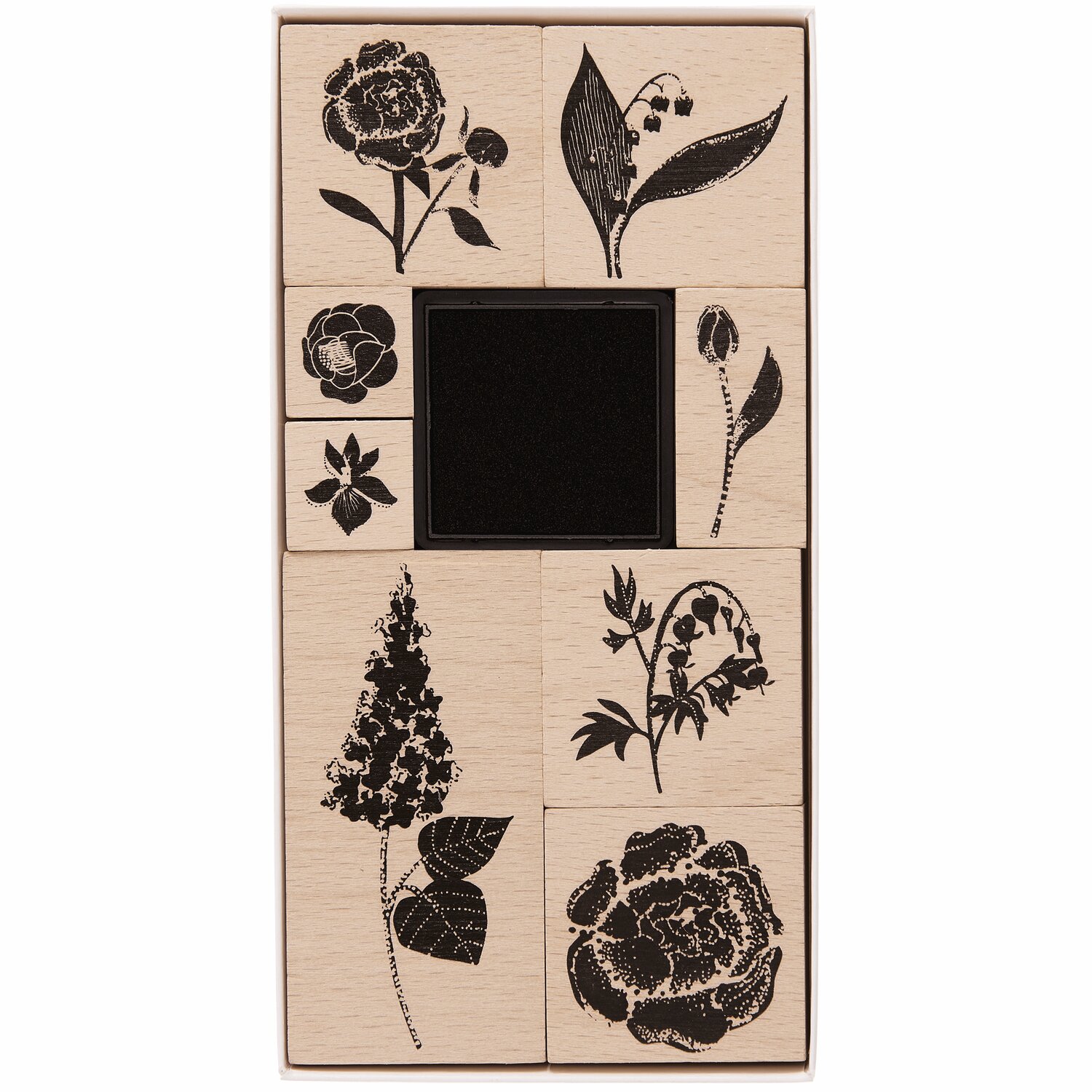 Stempelset Blumen, 9-teilig: Holzstempel mit floralen Motiven in Schwarz, ideal für kreative Projekte.