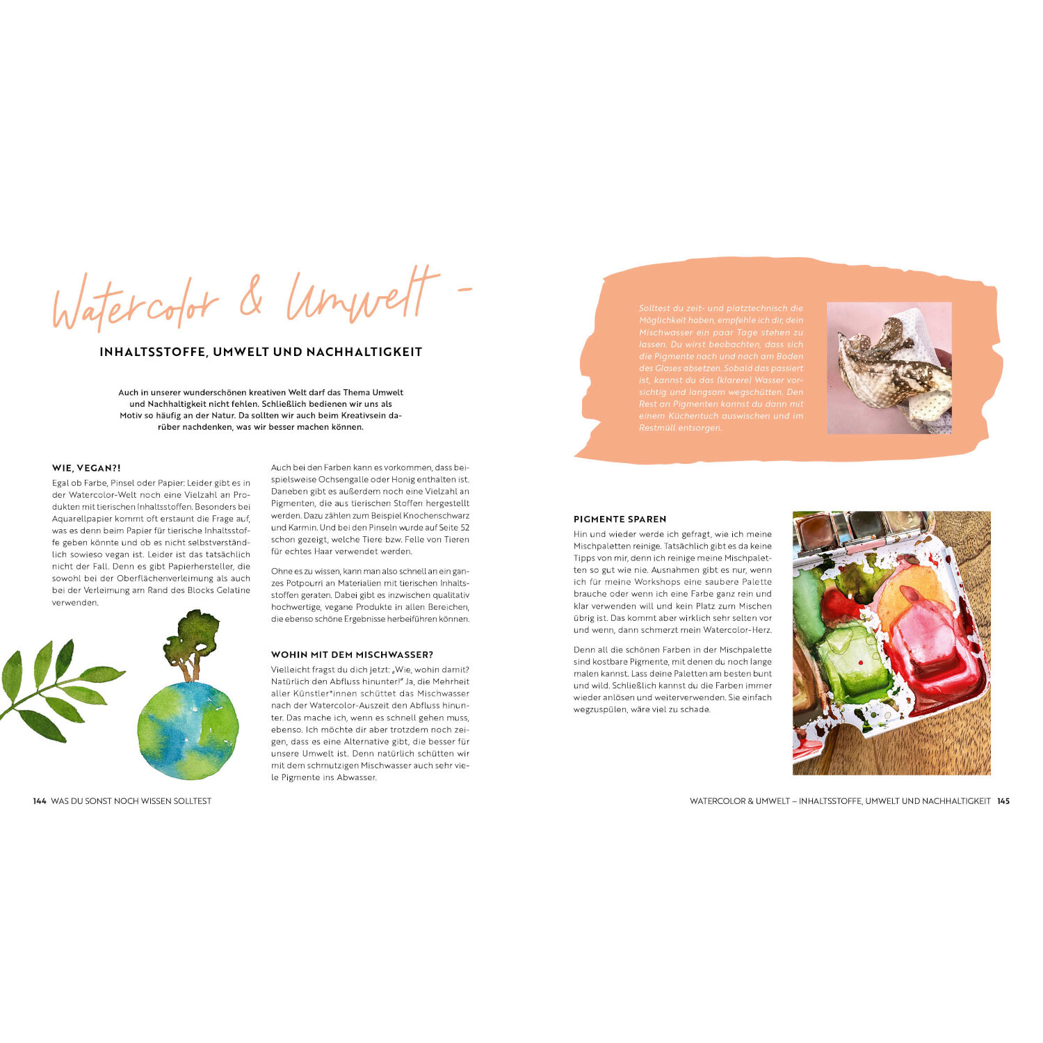 Watercolor-Bibel: Doppelseite über Umwelt und Nachhaltigkeit mit Illustrationen und Texten.