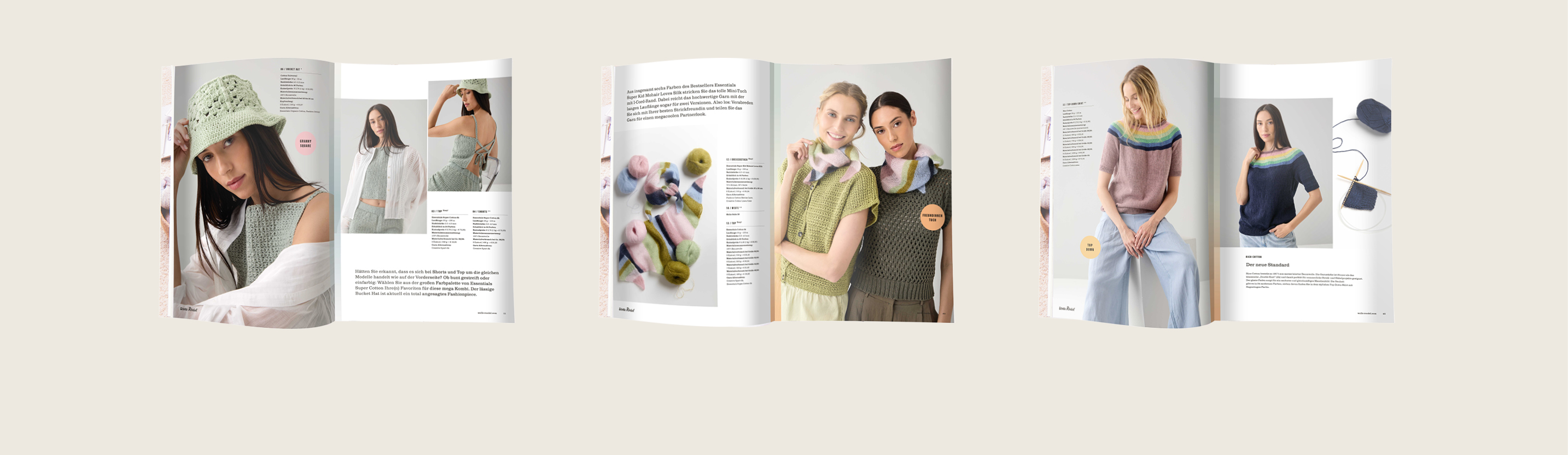 Drei aufgeschlagene Seiten aus der Neuen Masche 15 mit Strick- und Häkelprodukten.