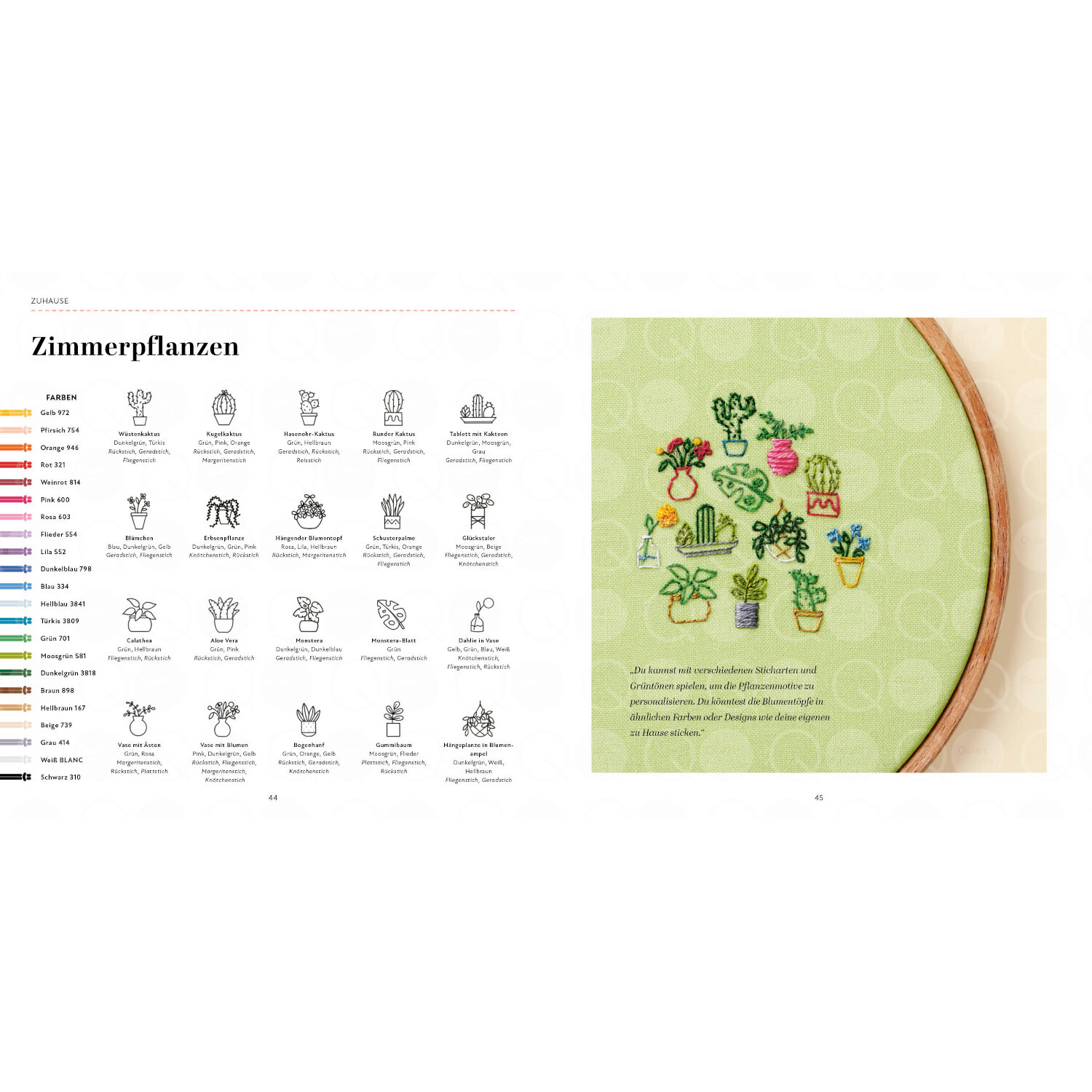 1000 x Sticken - Die große Motivsammlung: Stickmuster von Zimmerpflanzen auf grünem Hintergrund.