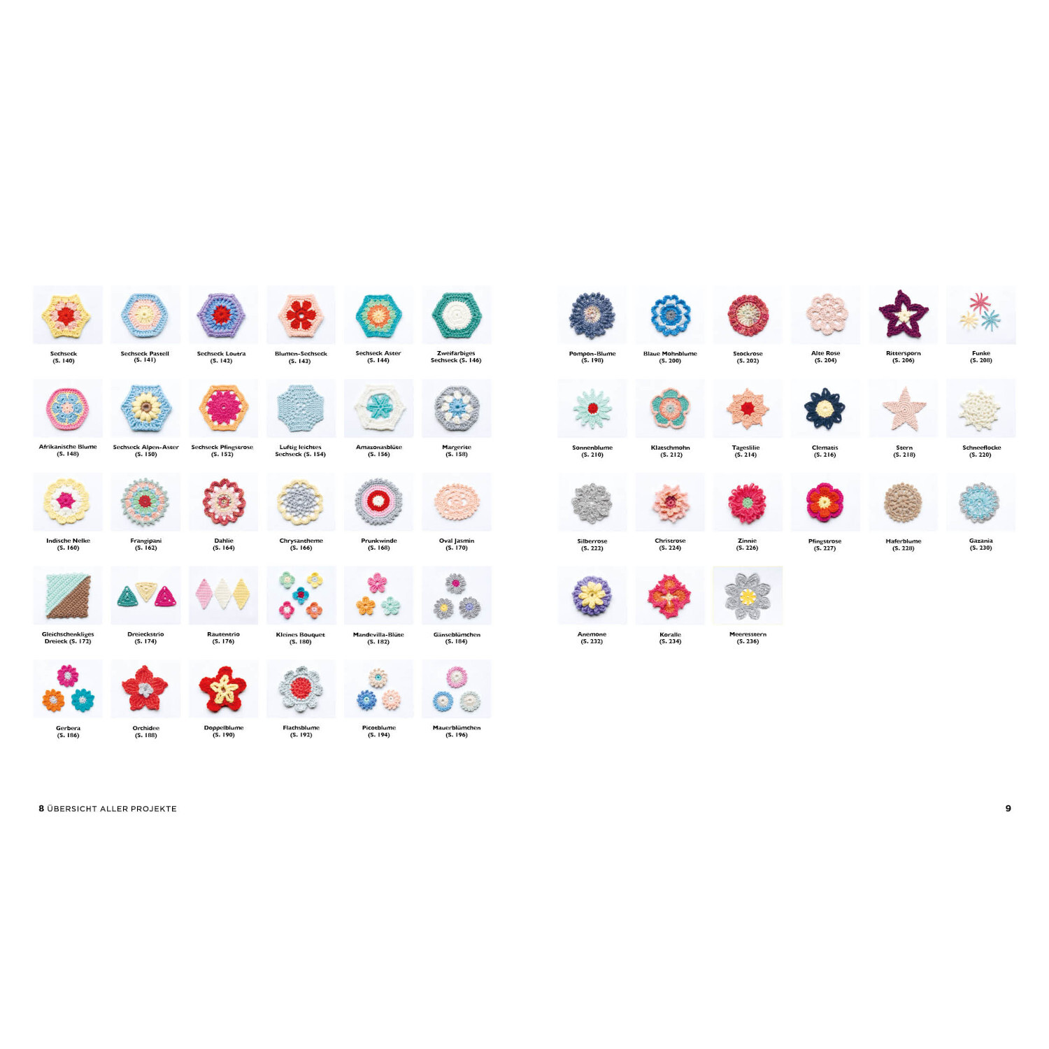 Musterbibel Granny Squares - Blumenzauber: Bunte Häkelmuster in verschiedenen Formen und Farben auf weißem Hintergrund.