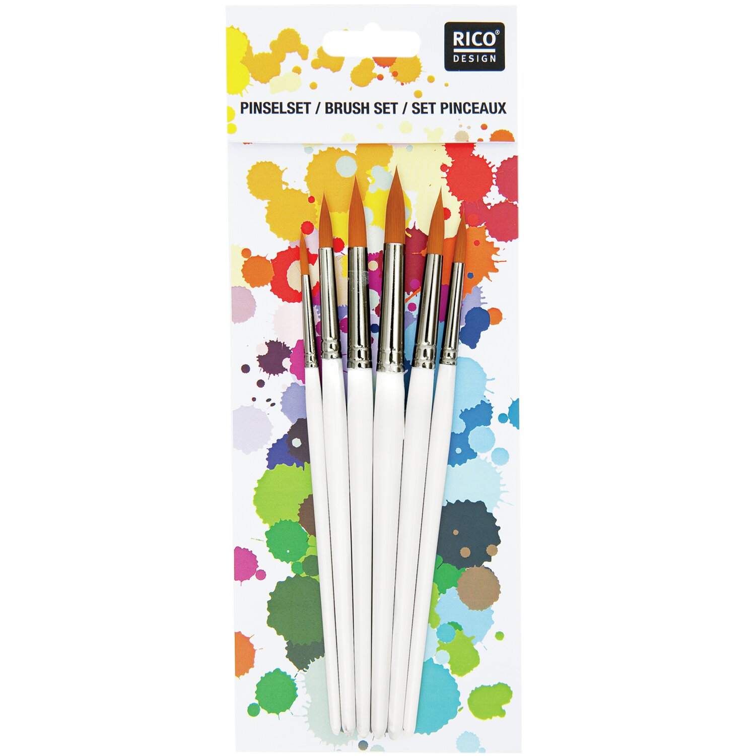 Schul- und Hobbypinsel rund 6er Set von Rico Design, weiße Griffe, bunte Pinselspitzen.