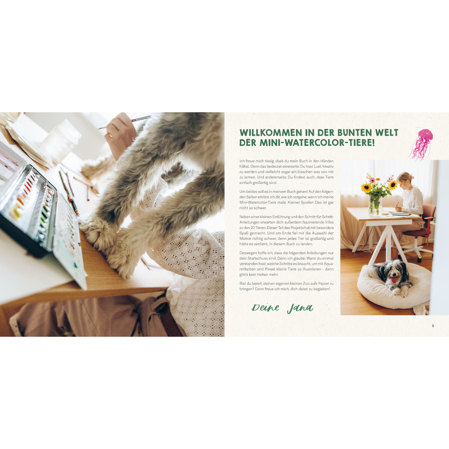 Mini Watercolor - Tiere: Hund malt mit Aquarellfarben auf Tisch. Person im Hintergrund mit Hund auf Kissen.