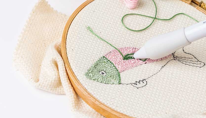 Anleitung Weihnachtliche Punch Needle Anhänger Anleitung Weihnachtliche Punch Needle Anhänger: Stickrahmen mit Fischmotiv in Grün und Rosa, verziert mit Punch Needle Werkzeug.