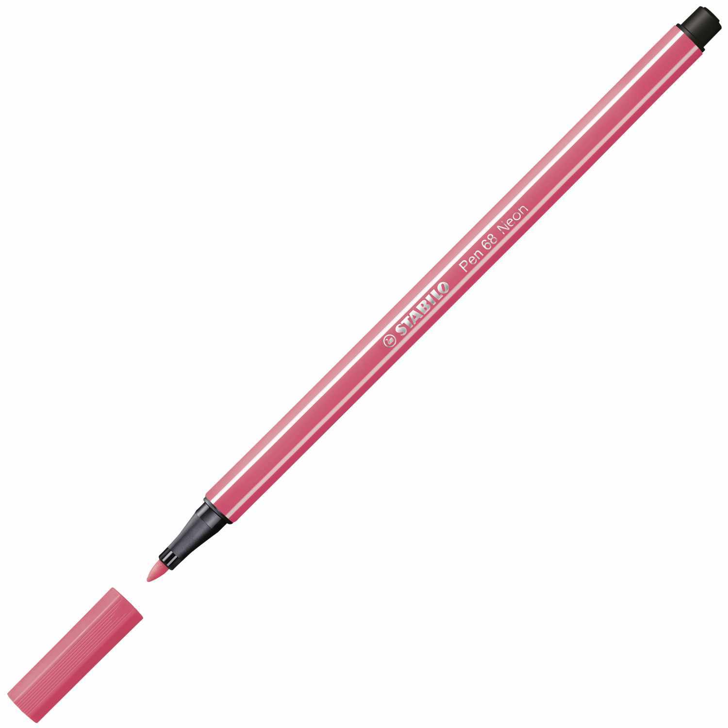 Pen 68 von STABILO in Neonrot, abgebildet mit abgenommenem Deckel, ideal für präzises Zeichnen und Schreiben.