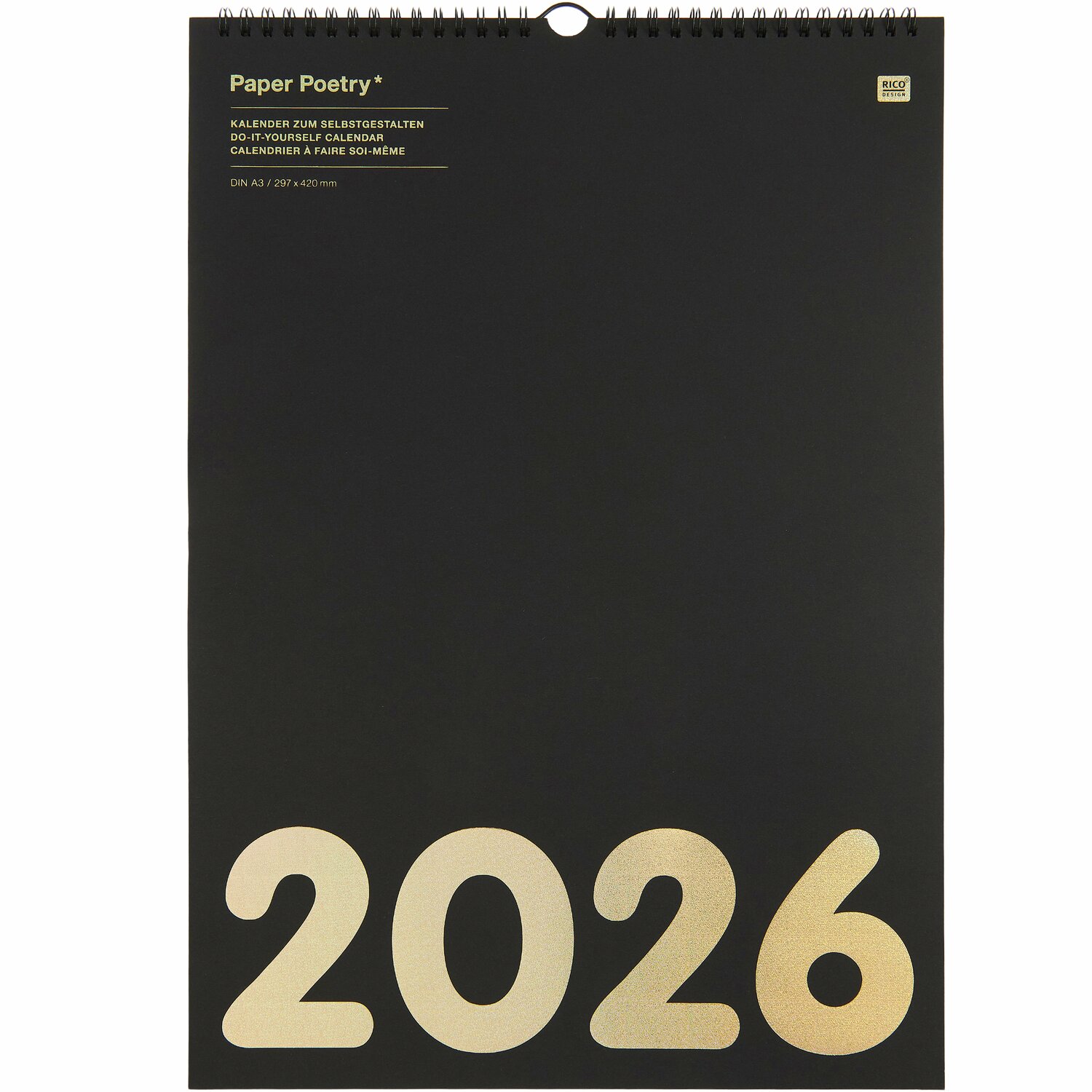 Bastelkalender 2026 im DIN A3-Format, ideal zum Selbstgestalten, von Rico Design, schwarze Oberfläche.