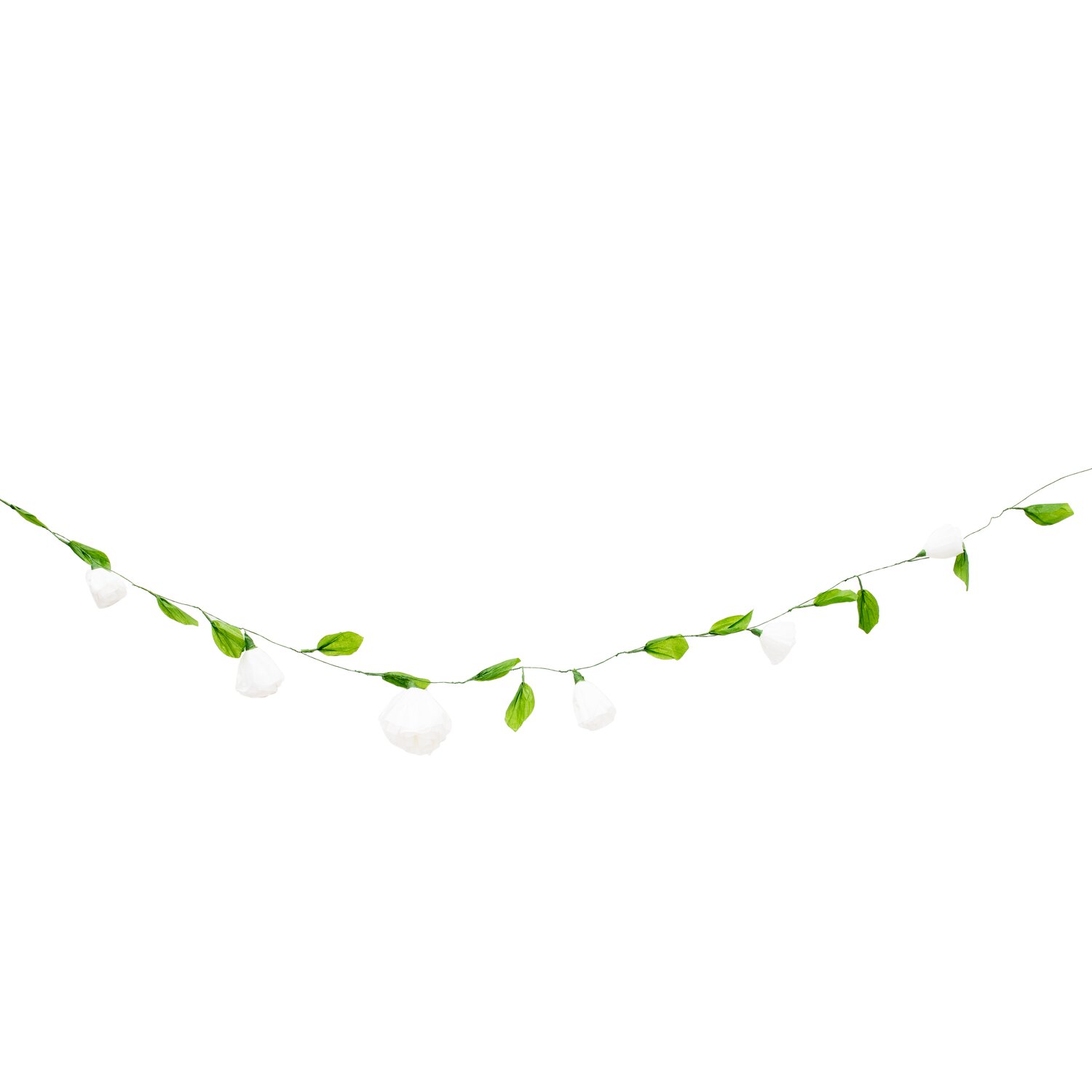 Papierblumen Girlande klein weiß 160 cm mit grünen Blättern, ideal für Dekorationen.