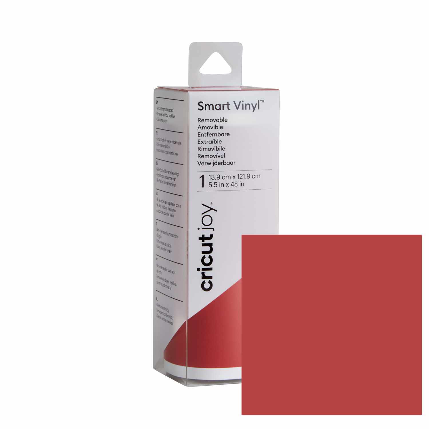 Joy Smart Vinyl Removable 13,9x121,9cm in Rot von Cricut, zeigt eine Verpackung mit Vinylrolle. Ideal für kreative Projekte.