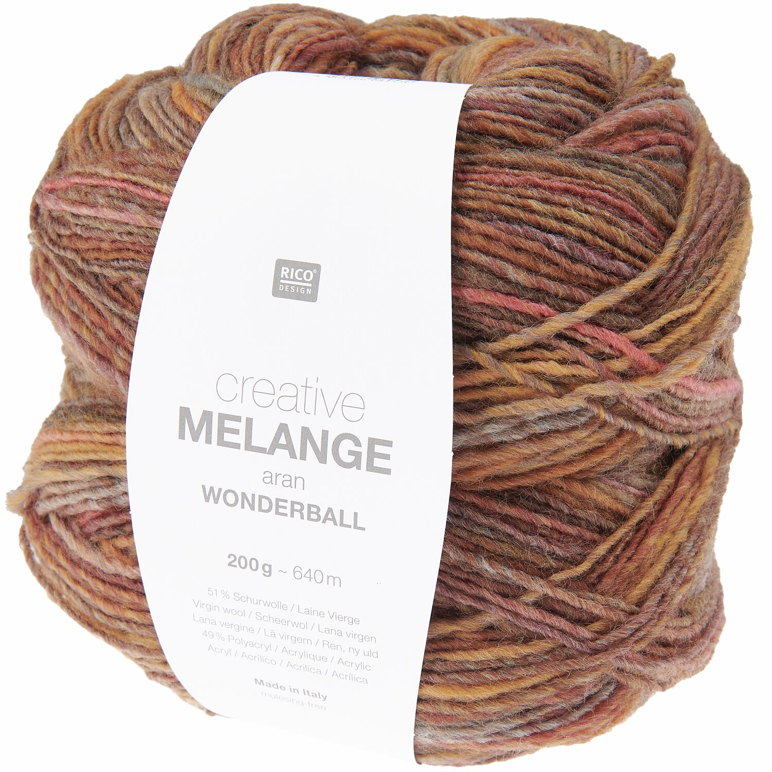 Creative Melange aran Wonderball, 200g, 640m. Farbverlauf in warmen Herbsttönen. Ideal für Strickprojekte. Marke: Rico Design.