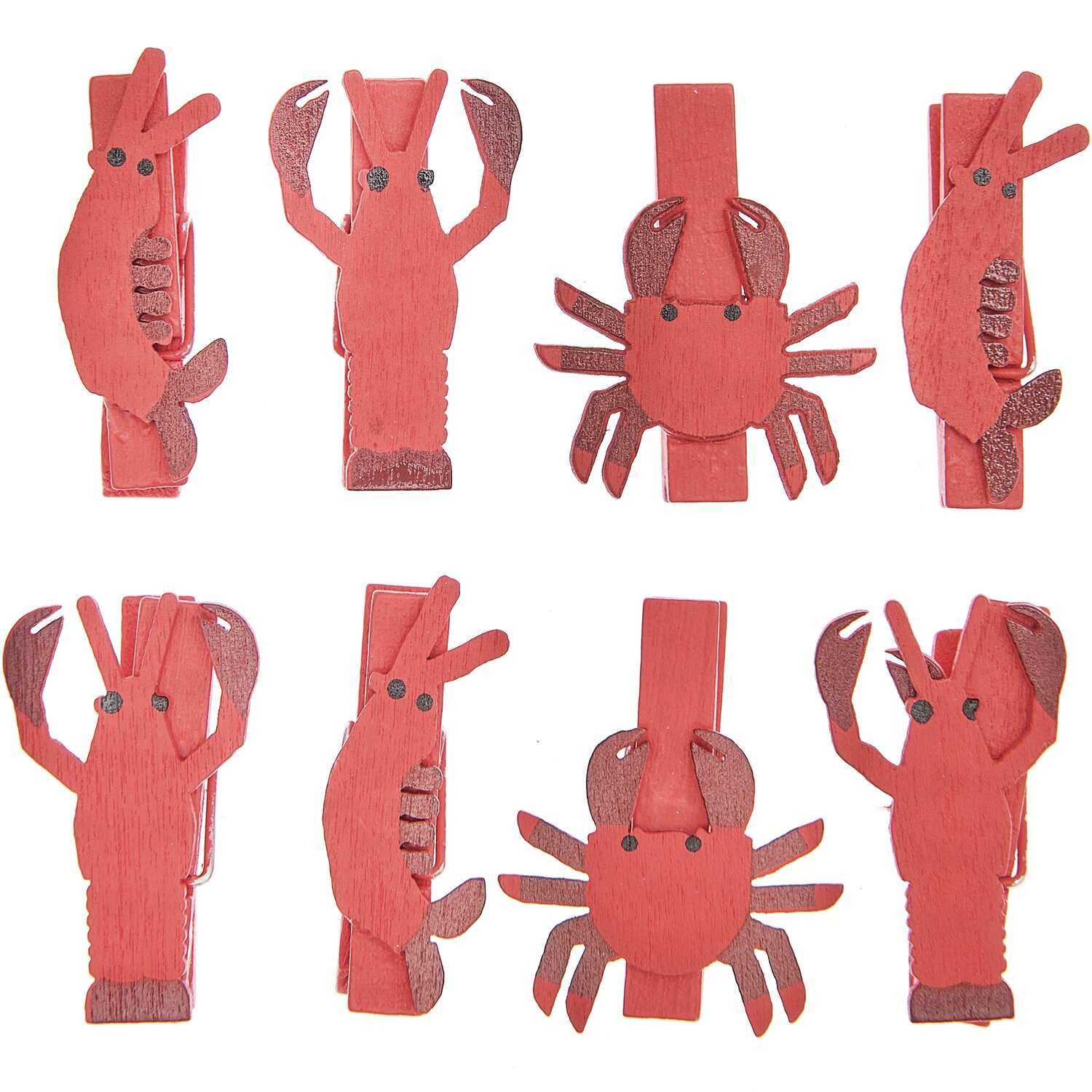 Dekoklammern Meerestiere Mix rot 7x35mm 8 Stück zeigen rote Klammern in Form von Krebsen und Hummern, ideal für kreative Dekorationen.