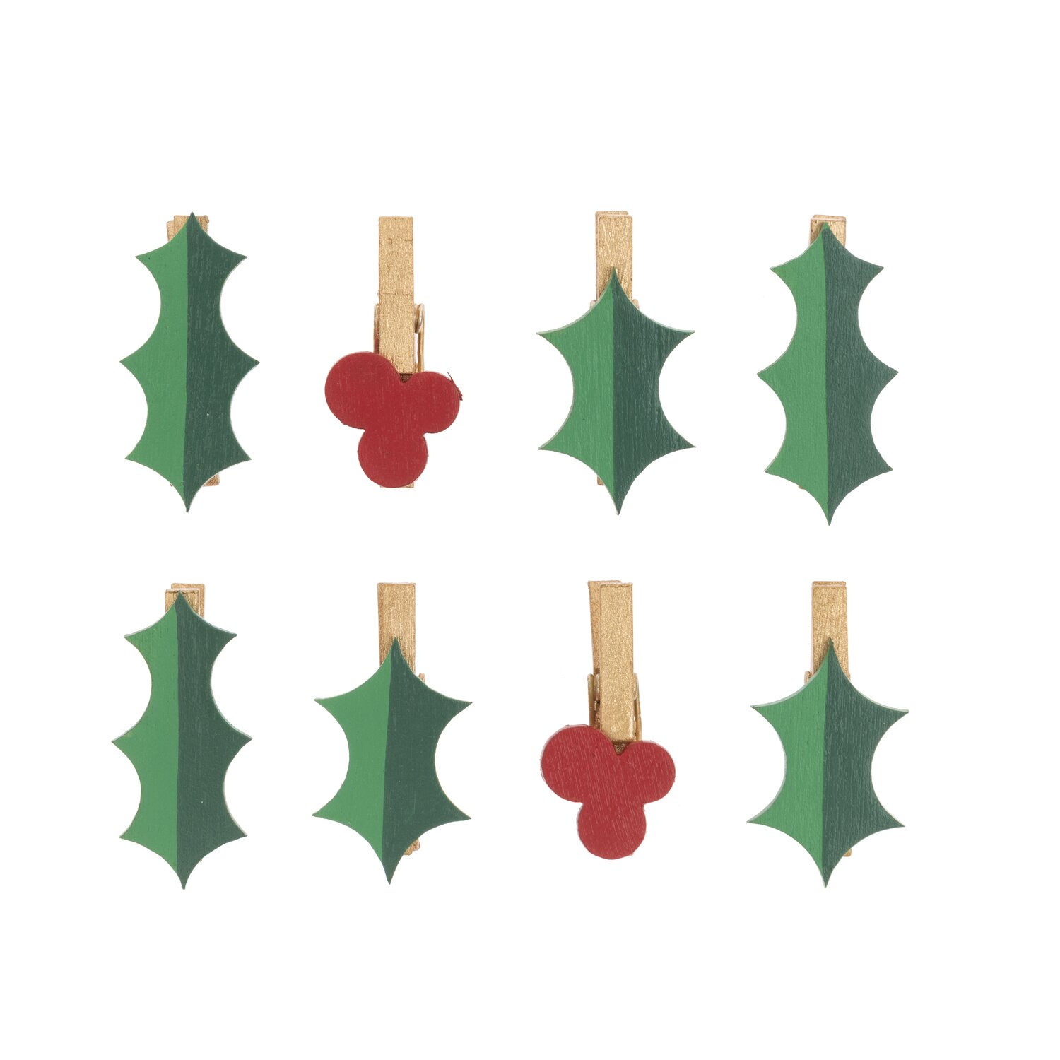 Dekoklammern Ilex grün-rot 3cm 8 Stück: Mehrfarbige Klammern mit Ilex-Motiv, ideal für festliche Dekorationen.