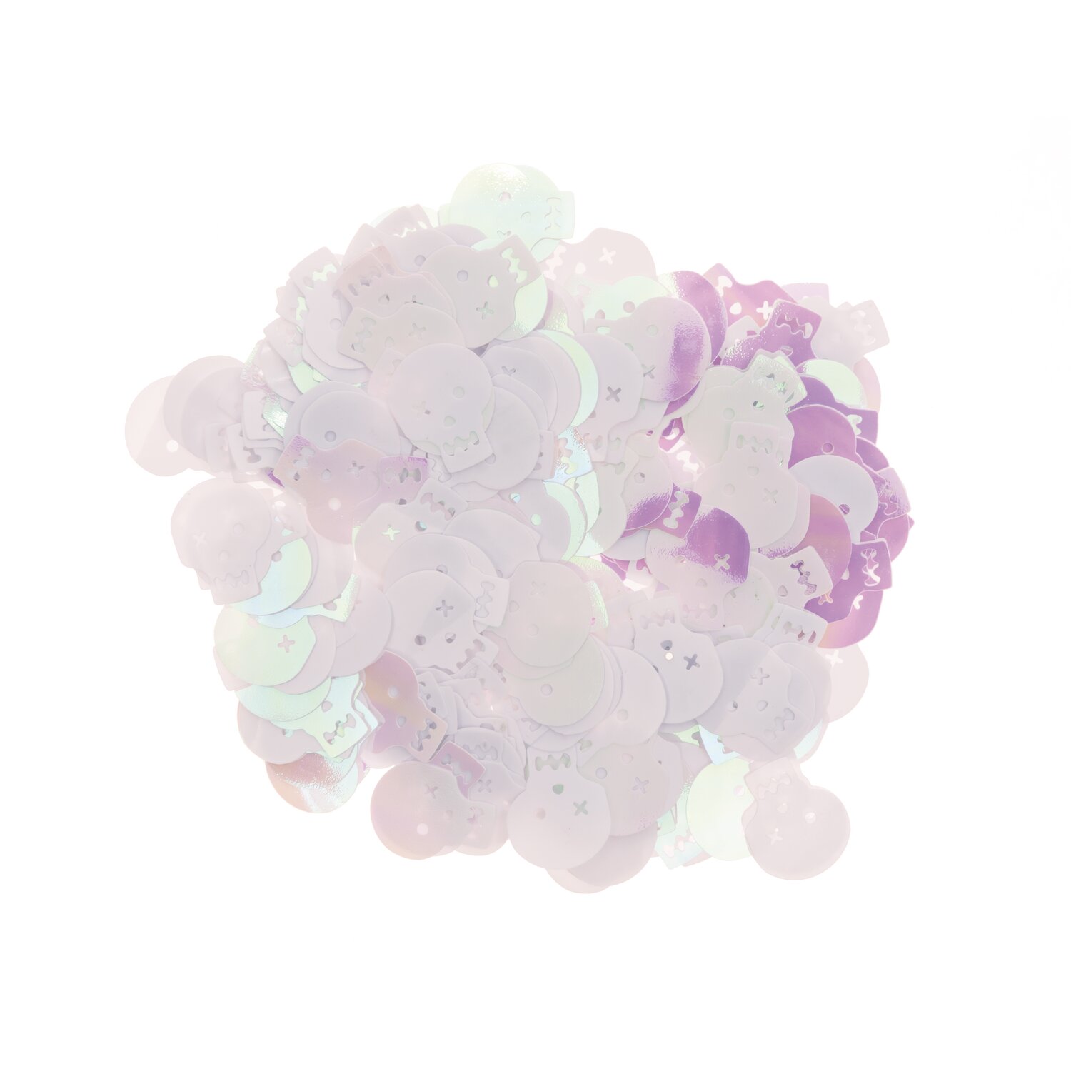 Flitterstreu Totenkopf Mix weiß-irisierend, 200 Stück. Bunte, schimmernde Streuteile in Totenkopfform für kreative Dekorationen.