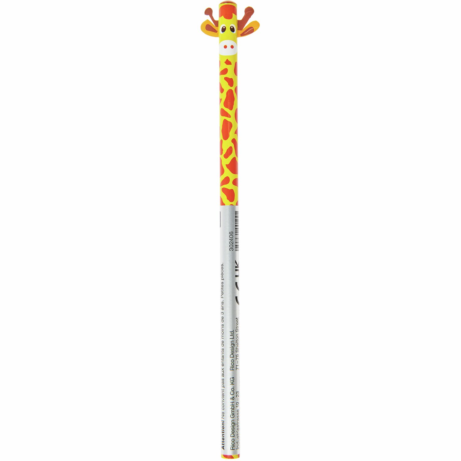 Bleistift Giraffe von Rico Design mit gelbem Giraffenmuster und Giraffenkopf als Verzierung.