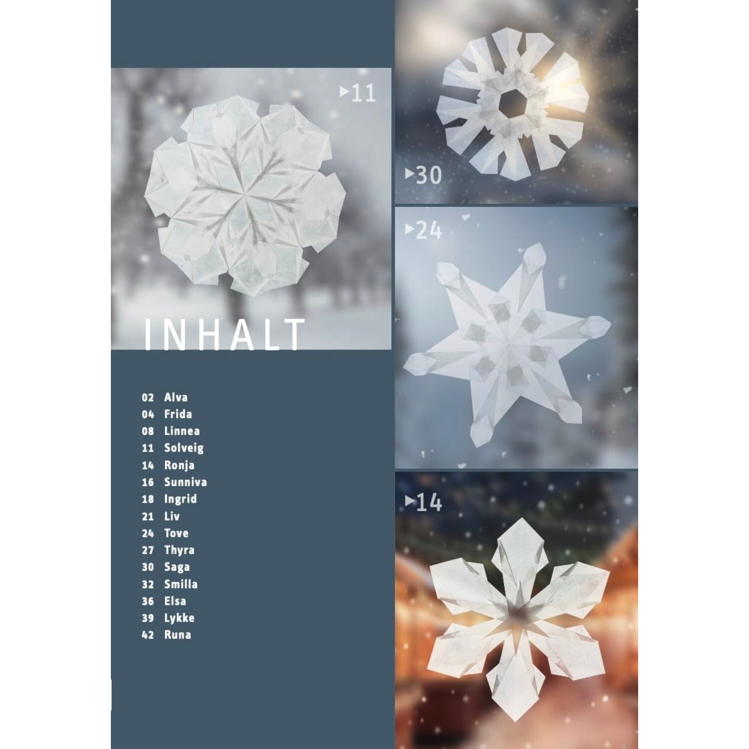 Schneekristalle aus Transparentpapier: Vier filigrane Schneeflocken-Designs auf blauem Hintergrund.