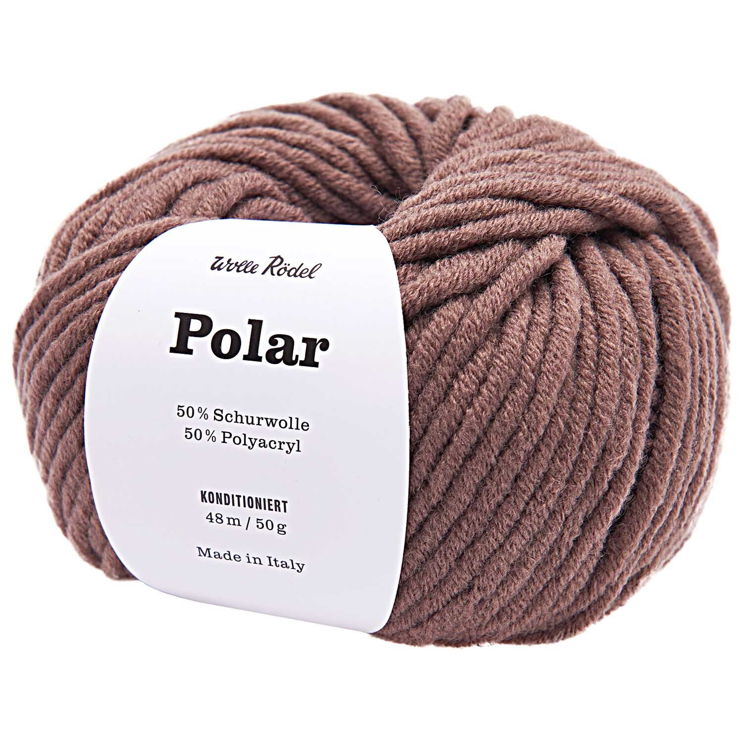 Polar Wolle Rödel Garn in Taupe, 50g Knäuel aus 50% Schurwolle und 50% Polyacryl, ideal zum Stricken.