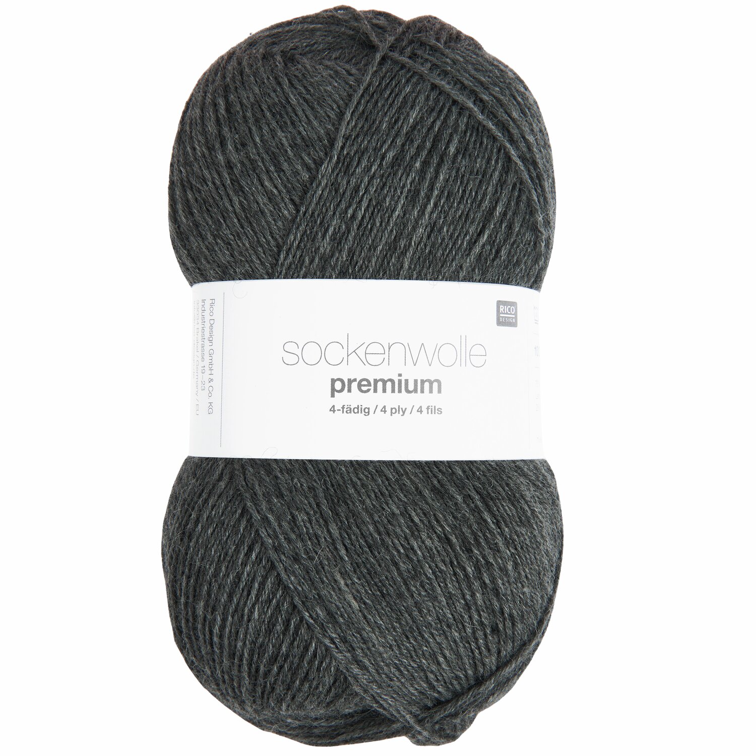 Sockenwolle Premium 4-fädig in dunklem Grau, 100g 380m, ideal für hochwertige Strickprojekte.