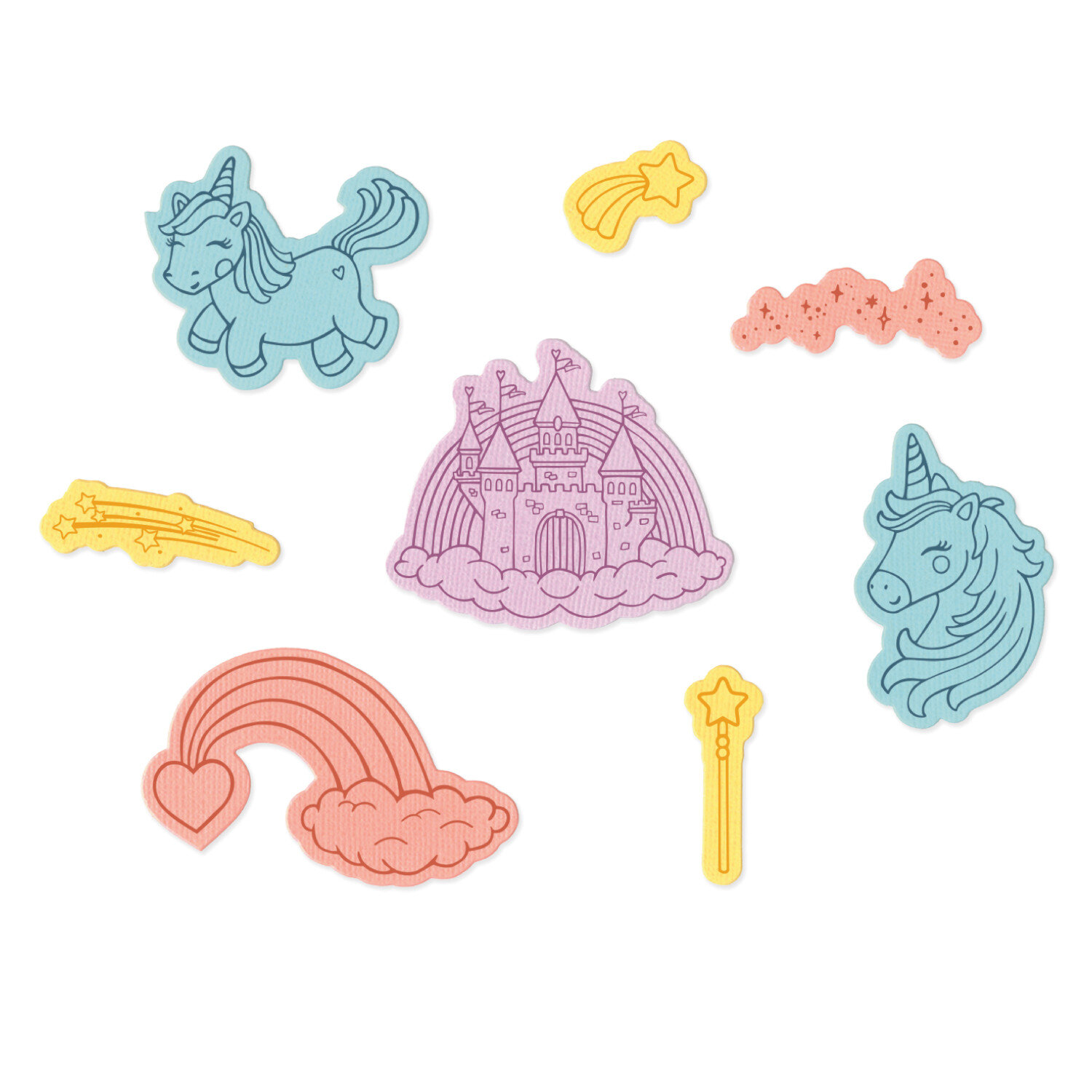 Sizzix Clear Stamps/Framelits Unicorns & Rainbows Set 8 Stk mit pastellfarbenen Stempeln von Einhörnern, Regenbogen, Schloss, Sternschnuppen und Zauberstab