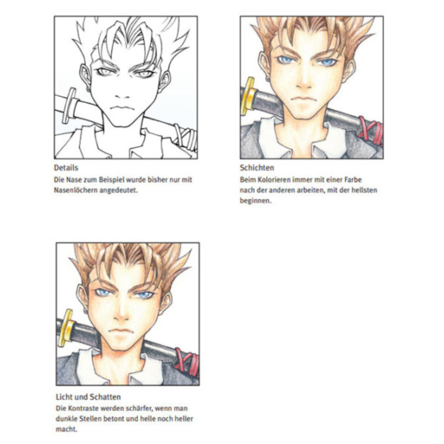 Die Kunst des Zeichnens - 15 Minuten Manga: Drei Manga-Zeichnungen zeigen Details, Schichten und Licht-Schatten-Techniken.