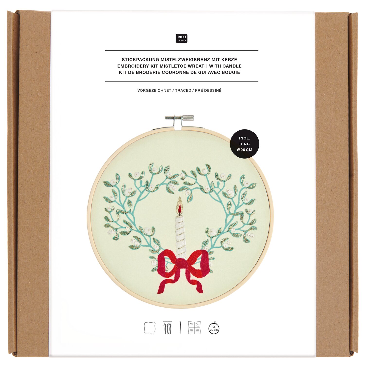 Stickpackung vorgezeichnet Mistelzweigkranz mit Kerze Ø20cm von Rico Design