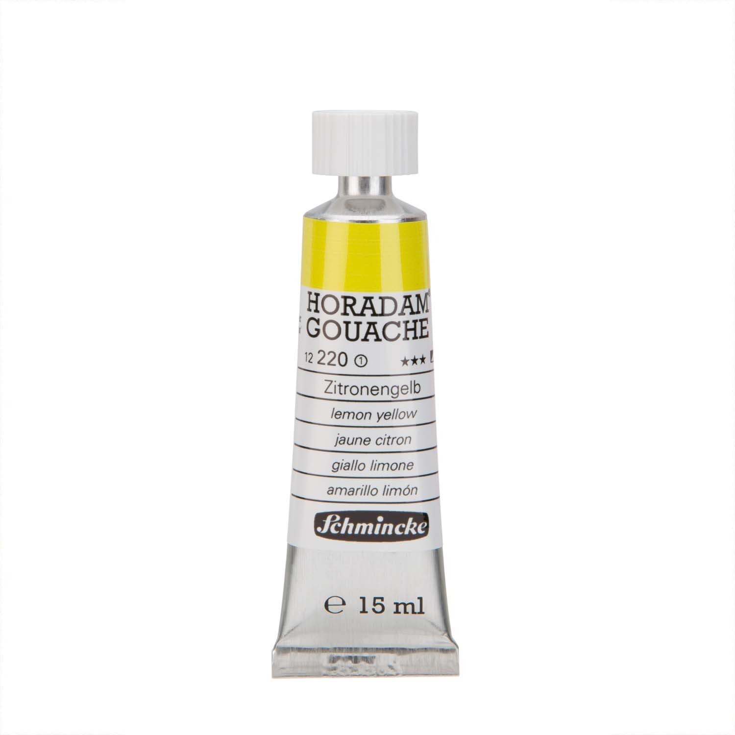 HORADAM Gouache 15ml in Zitronengelb von Schmincke. Die Tube zeigt die leuchtende Farbe und das Markenlogo.