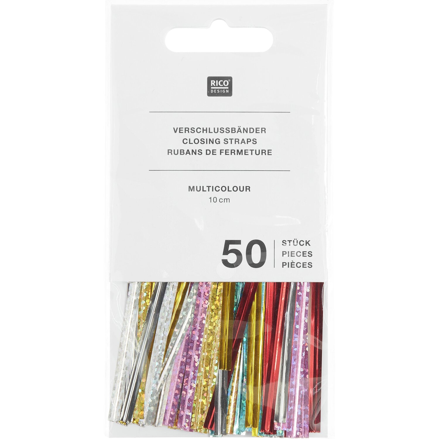 Verschlussbänder Bunt 10cm von Rico Design, 50 Stück in verschiedenen Farben in einer Verpackung.