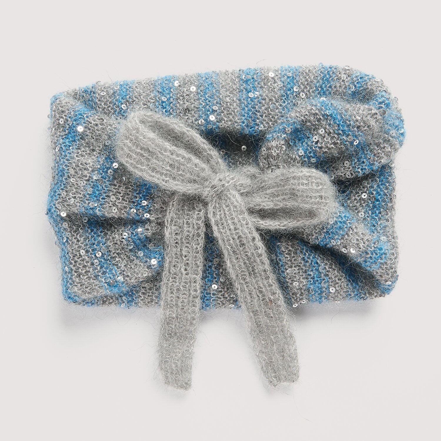 Strickset Schalkragen Modell 21b aus Die Neue Masche No. 16 Herbst, Wolle Rödel, gestreifter Paillettenschal mit gebundenem Kragen aus weichem Strickgarn
