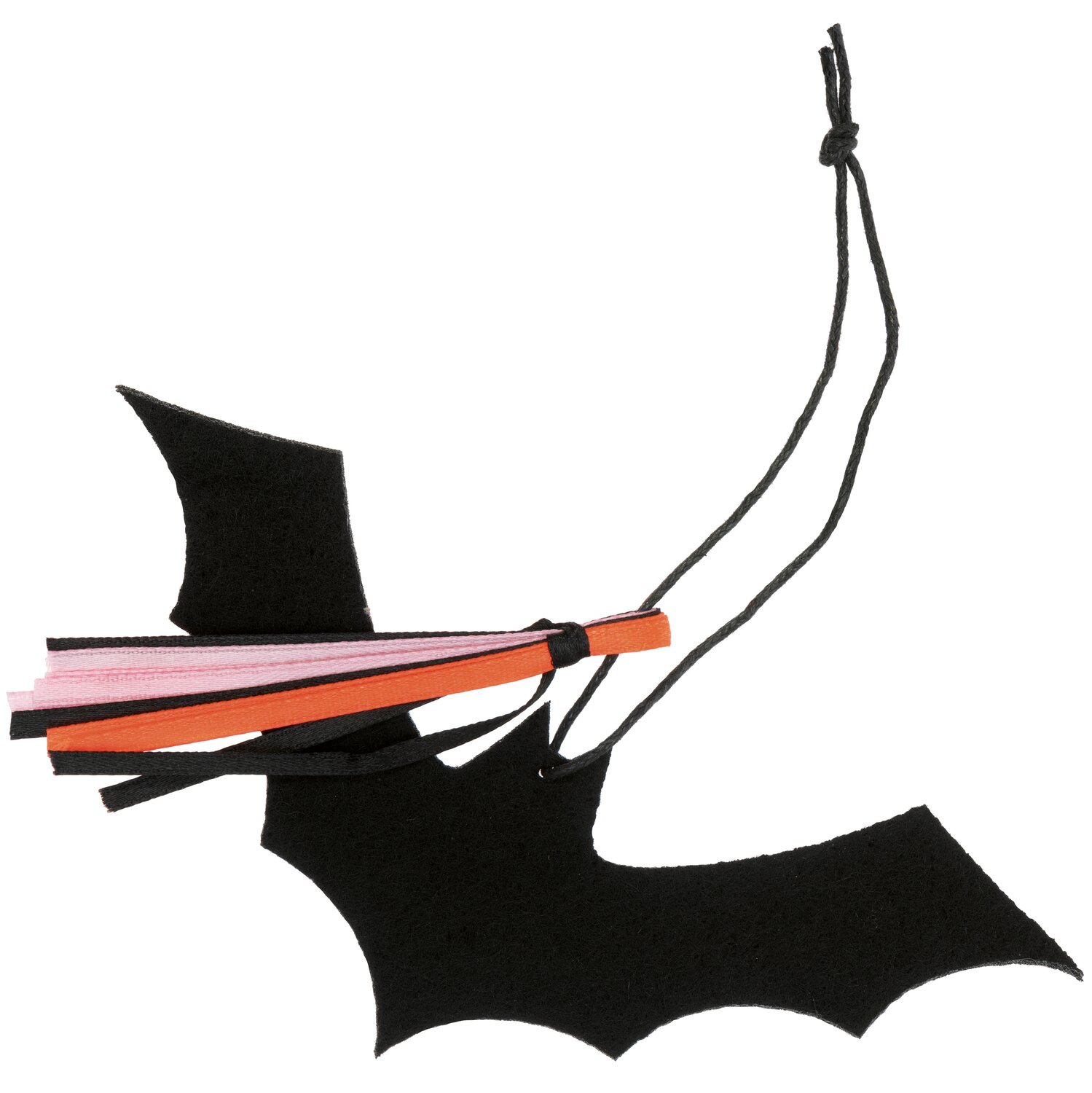 Filzhänger Fledermaus schwarz 6,3x14,5cm von Rico Design mit bunten Bändern, ideal für Halloween-Dekorationen.