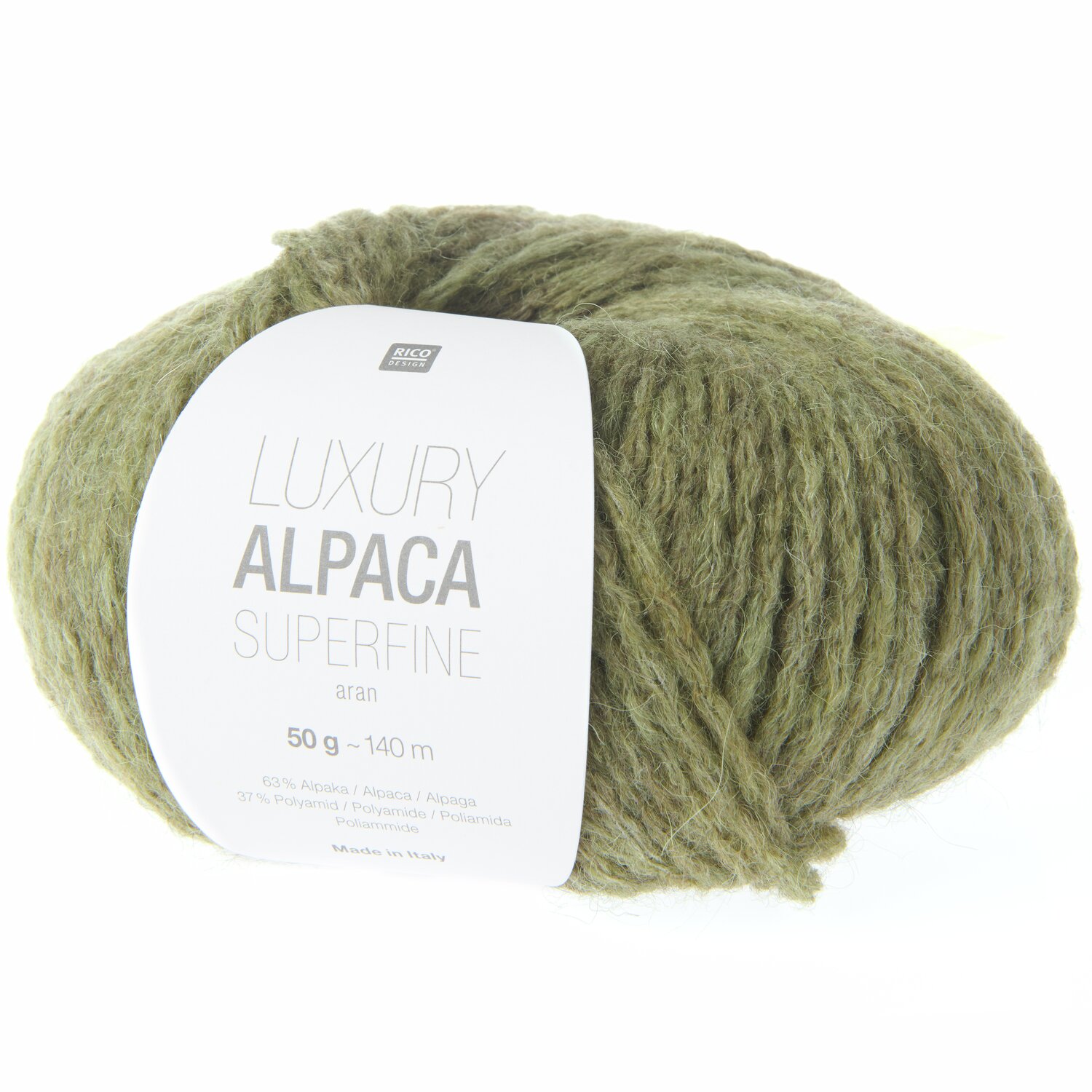 Rico Luxury Alpaca Superfine aran: Weiches, olivgrünes Garnknäuel, ideal für Strickprojekte. 50g, 140m. Perfekt für hochwertige Handarbeiten.