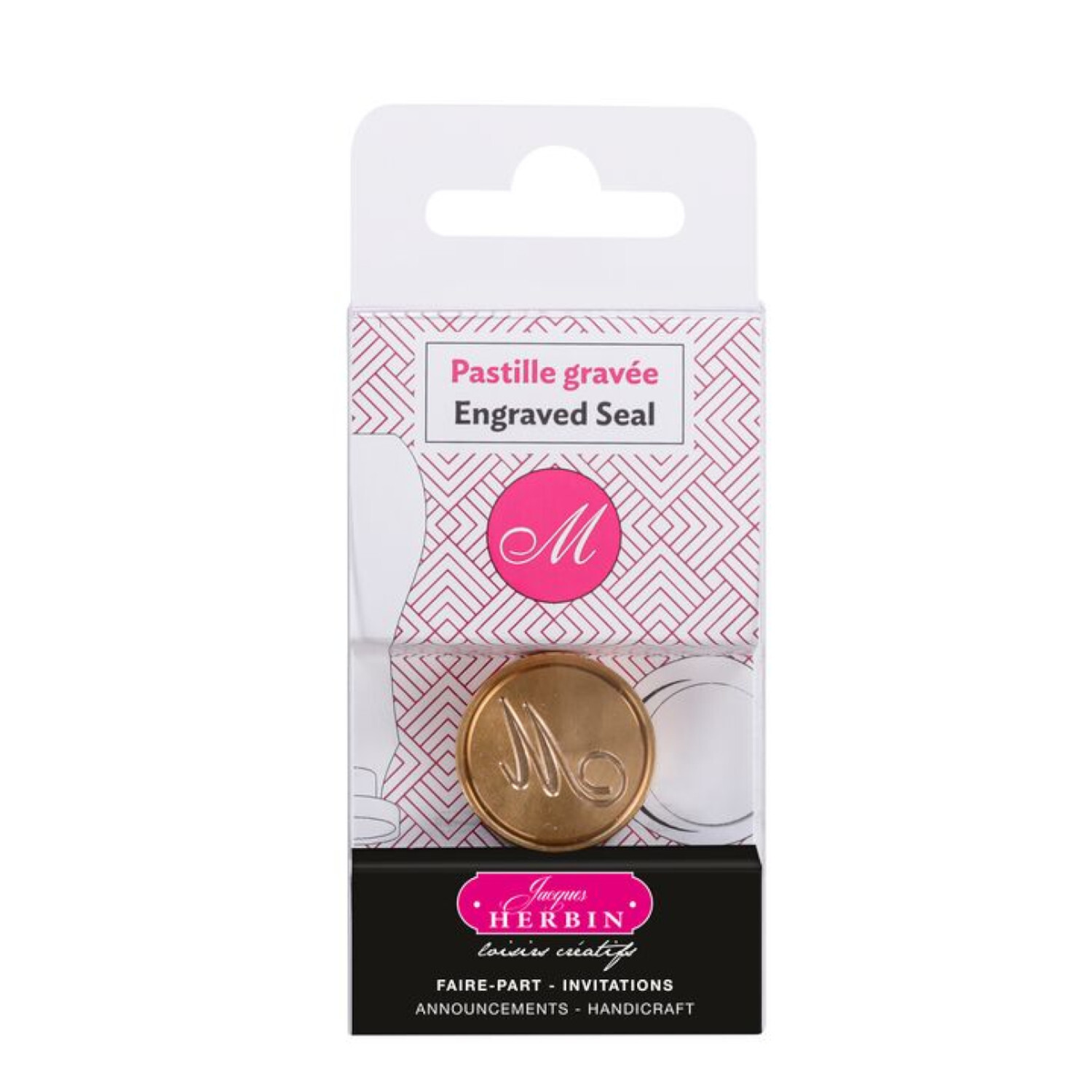 Siegelplatte Buchstabe M in Gold, verpackt in einer transparenten Box mit rosa Etikett. Ideal für Einladungen und Handwerksprojekte.