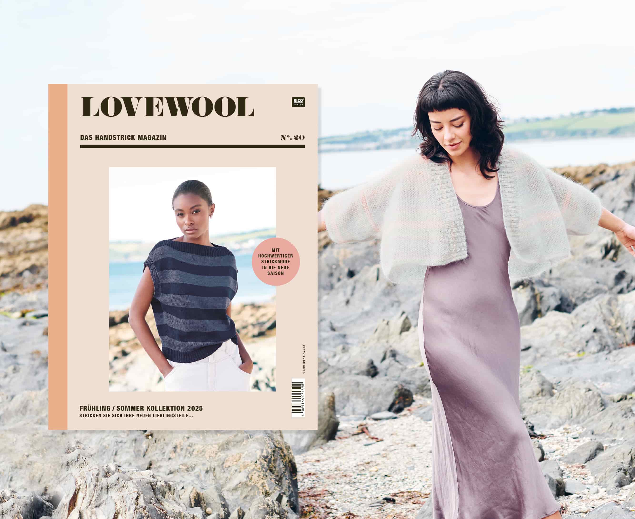 Frau trägt gestrickte Jacke Modell 22 aus Lovewool No. 20 in Outdoor-Umgebung. Daneben ein Cover des Handstrick Magazins Lovewool No. 20