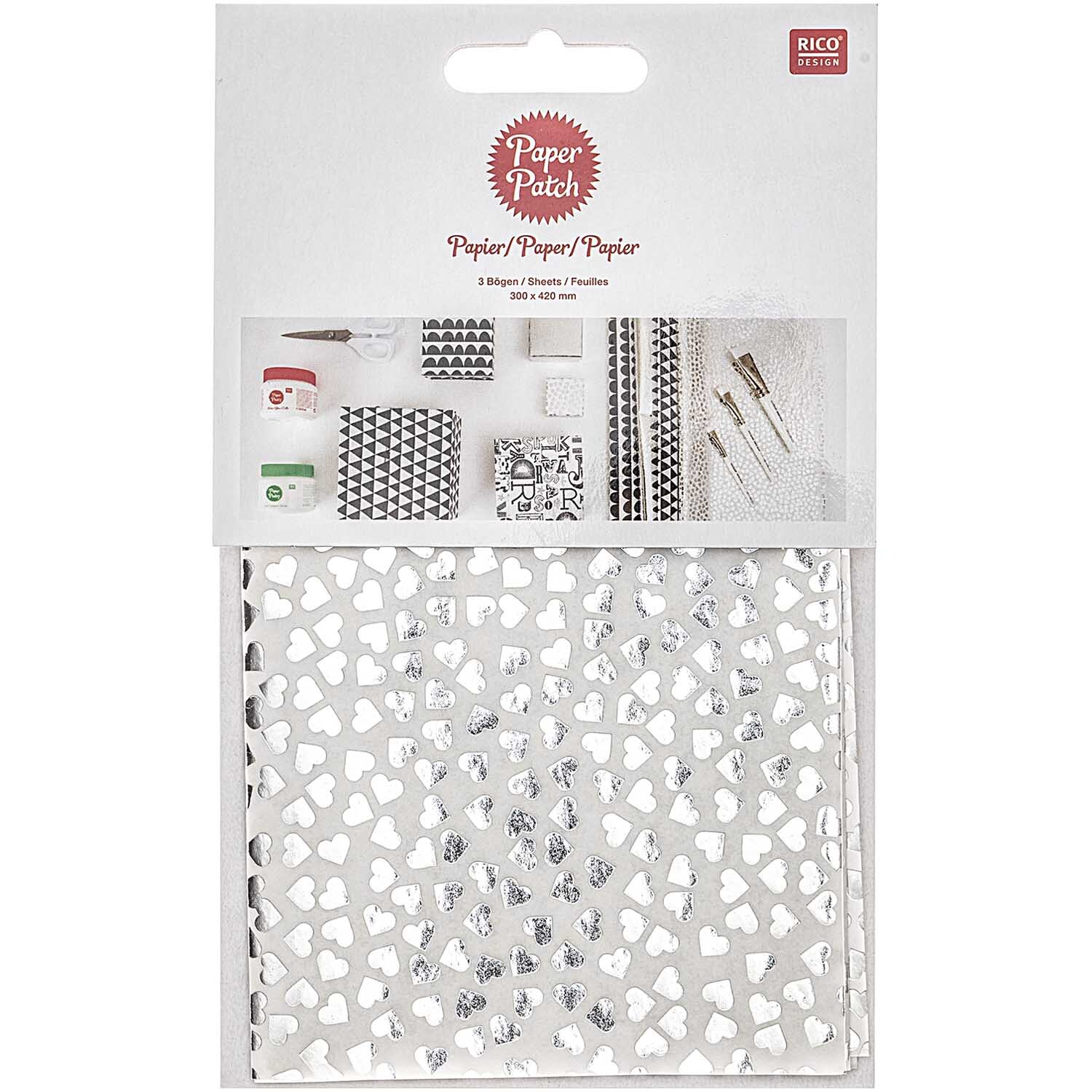 SB Paper Patch Papier Herzen silber 30x42cm 3 Bogen Hot Foil