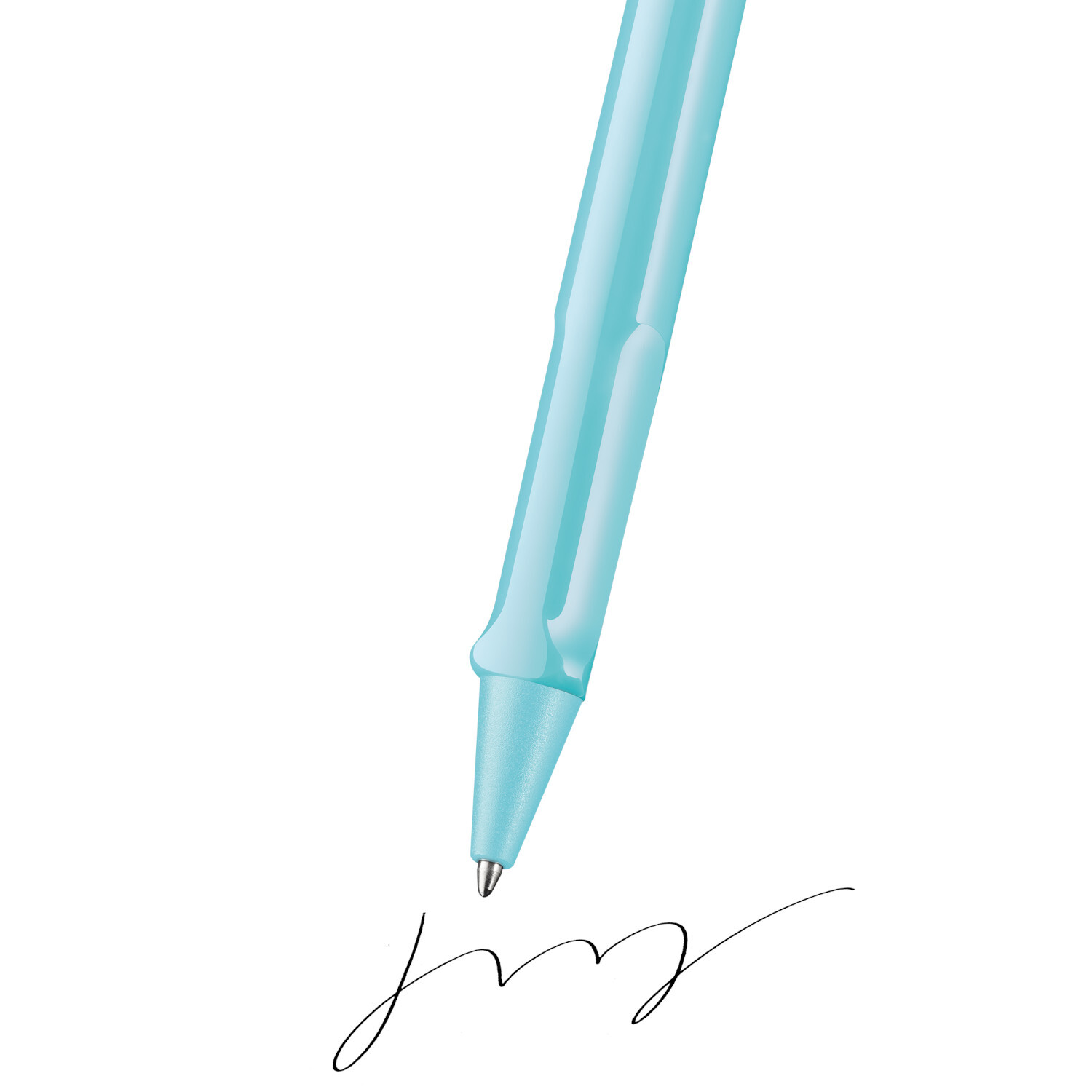 Kugelschreiber Lamy safari in Aquasky schreibt auf weißem Papier. Ideal für stilvolles Schreiben.