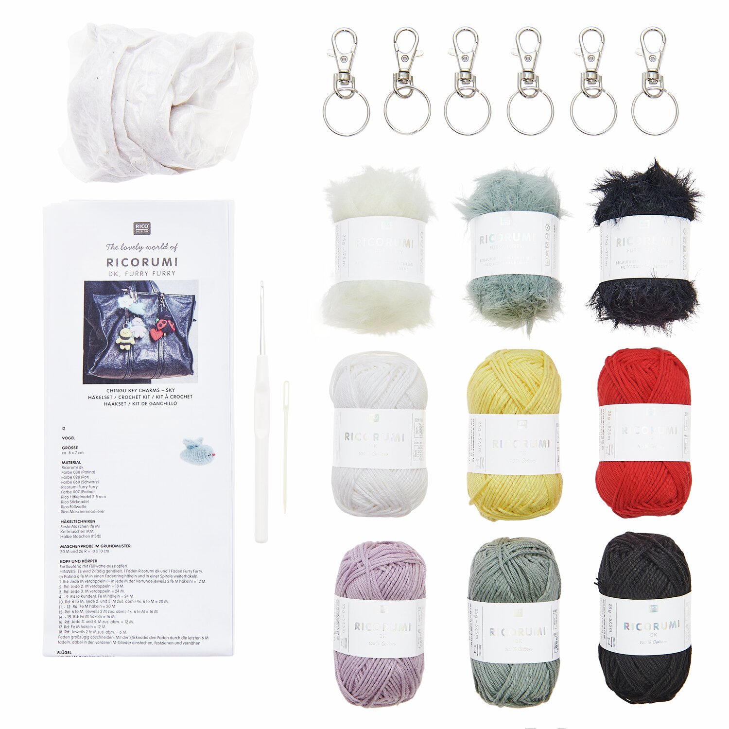 Ricorumi Häkelset Schlüsselanhänger - Chingu Sky mit bunten Garnen, Häkelnadel und Zubehör von Rico Design für kreative DIY-Projekte.