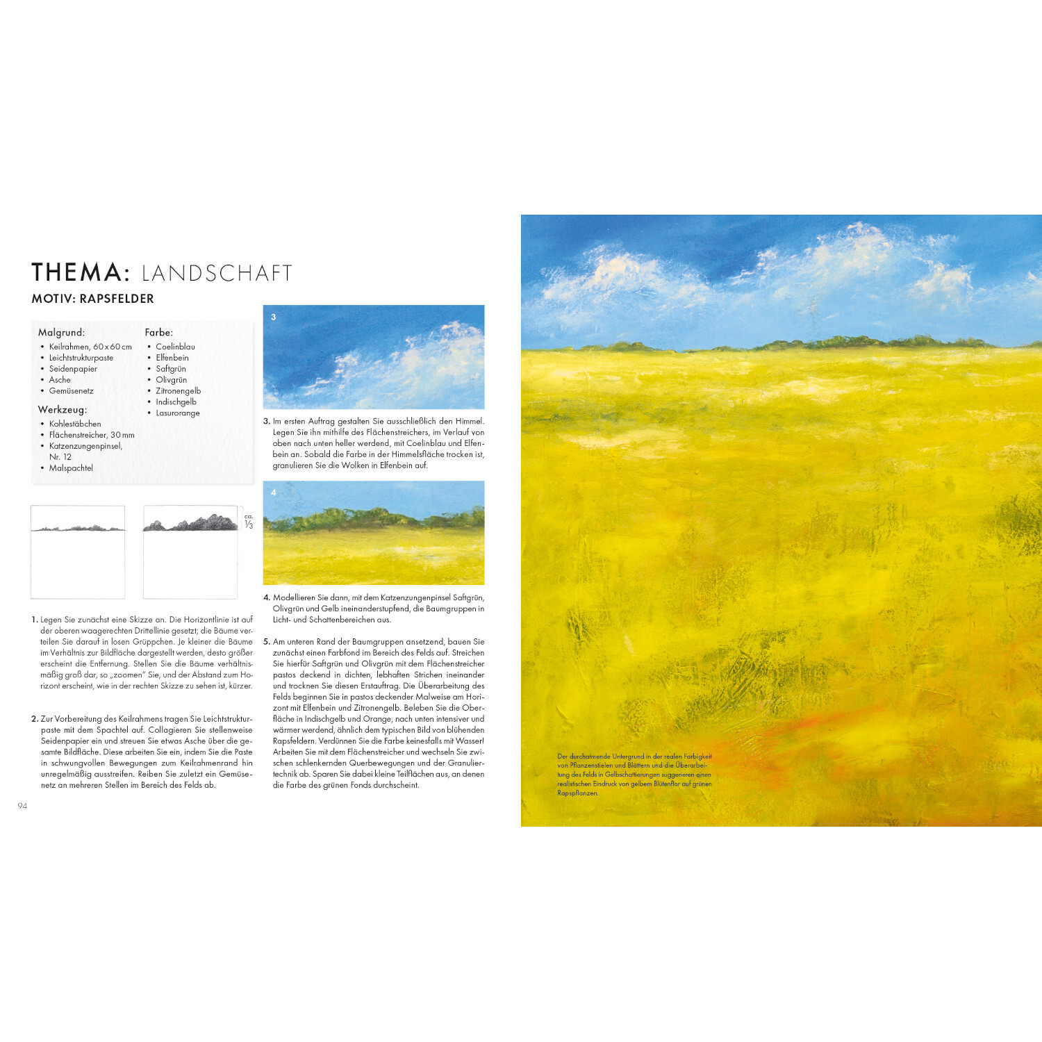 Das Acryl-Praxisbuch: Anleitung zur Landschaftsmalerei mit gelbem Rapsfeld und blauem Himmel.