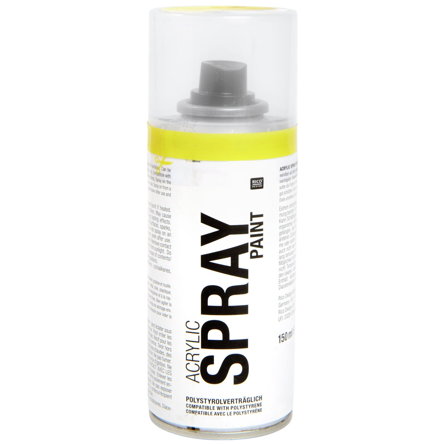 Spray Paint 150ml, gelb, von Rico Design. Acryl-Sprühfarbe in transparenter Dose, ideal für kreative Projekte.