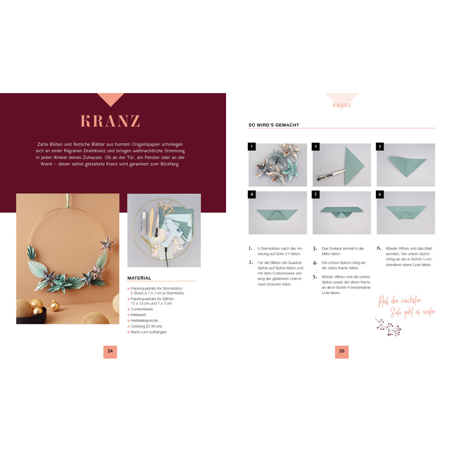 Modulare Origami: Weihnachtszauber zeigt einen DIY-Kranz mit blauen und weißen Papierblumen.