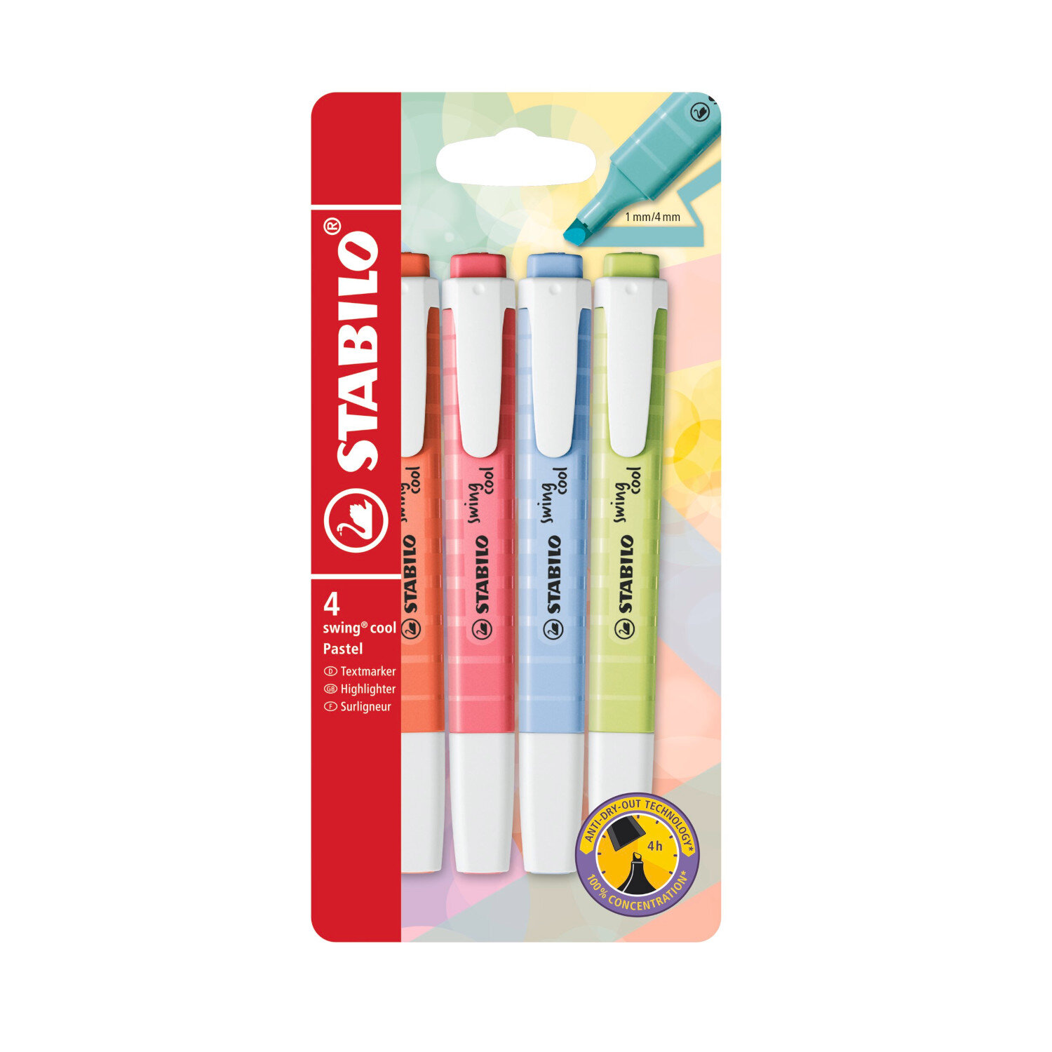 swing cool Textmarker Pastell Set 4 Stück in zarten Farben von STABILO, ideal für präzises Markieren. Enthält vier Stifte in einer Blisterverpackung.