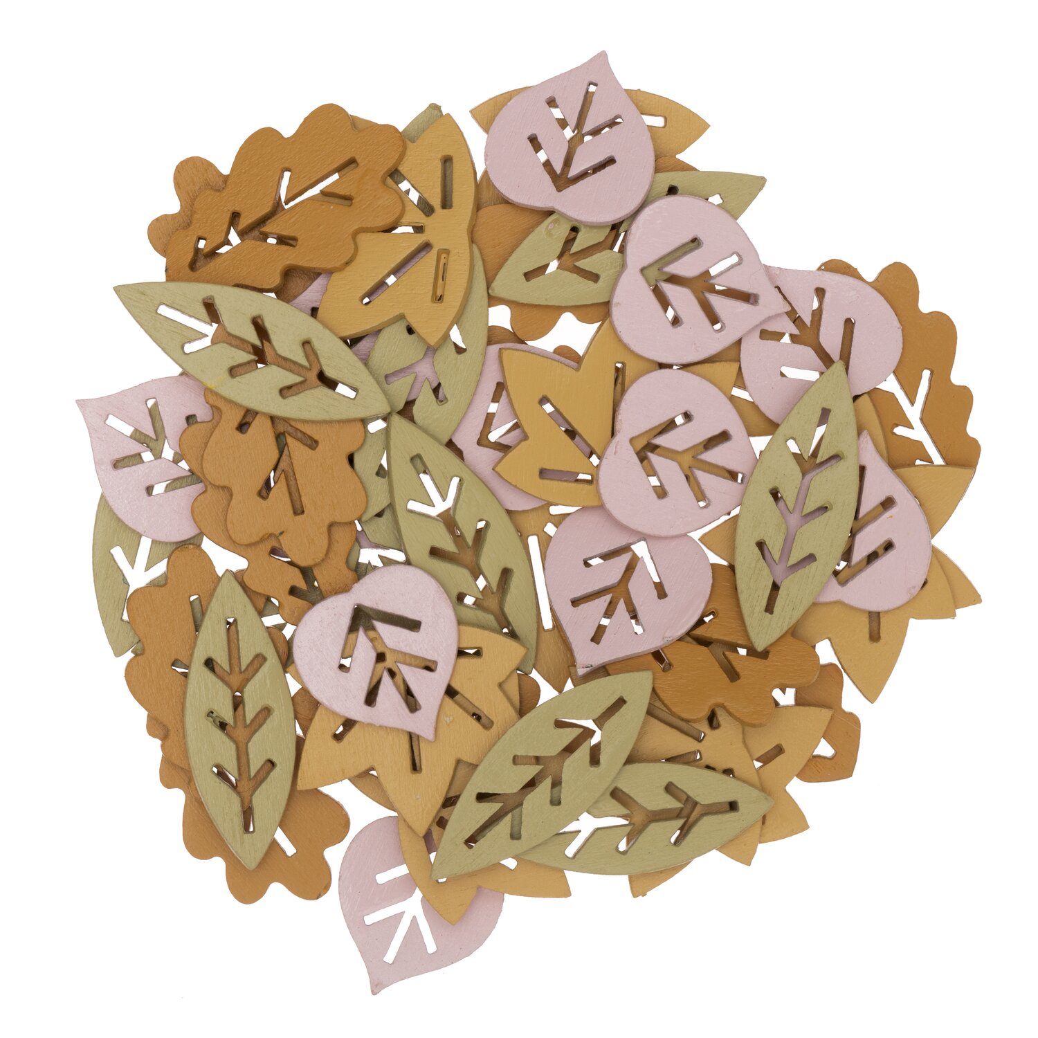 Holzstreu Blätter Mix braun 48 Stück zeigt dekorative, bunte Blätter aus Holz in verschiedenen Formen.