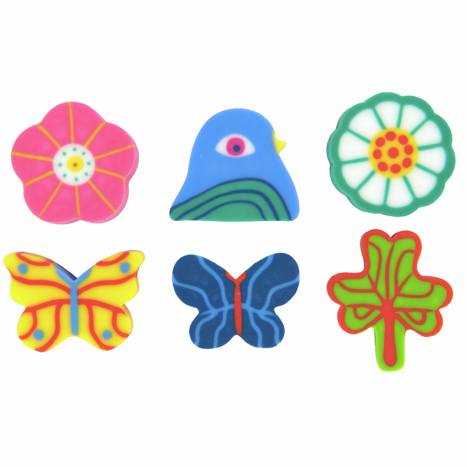 Radiergummis Midsommar Magic 3x3cm, 6 Stück, bunte Designs: Blumen, Vögel, Schmetterlinge, Kleeblatt.