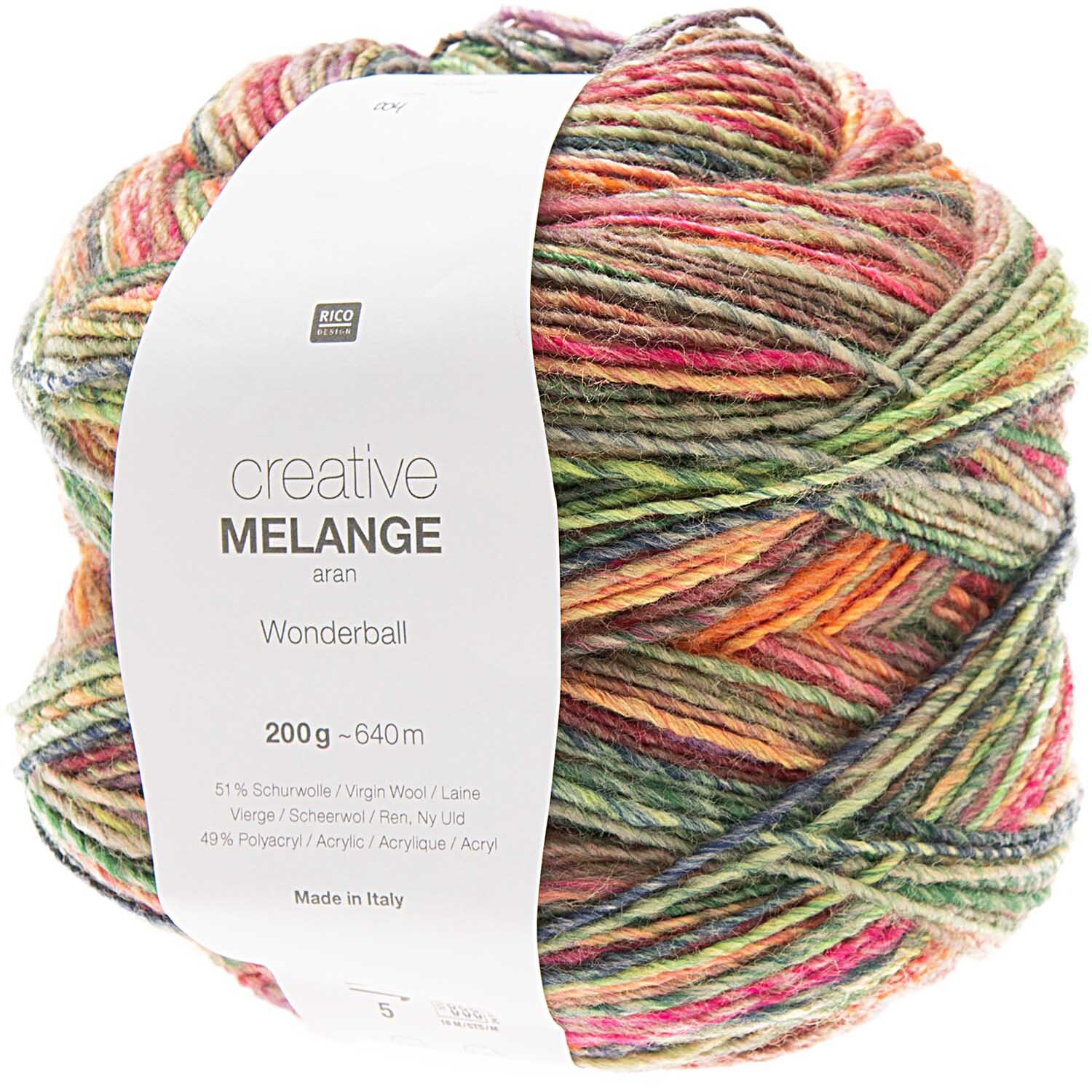 Creative Melange aran Wonderball von Rico Design, 200g, 640m, zeigt buntes Garn in lebhaften Farben.