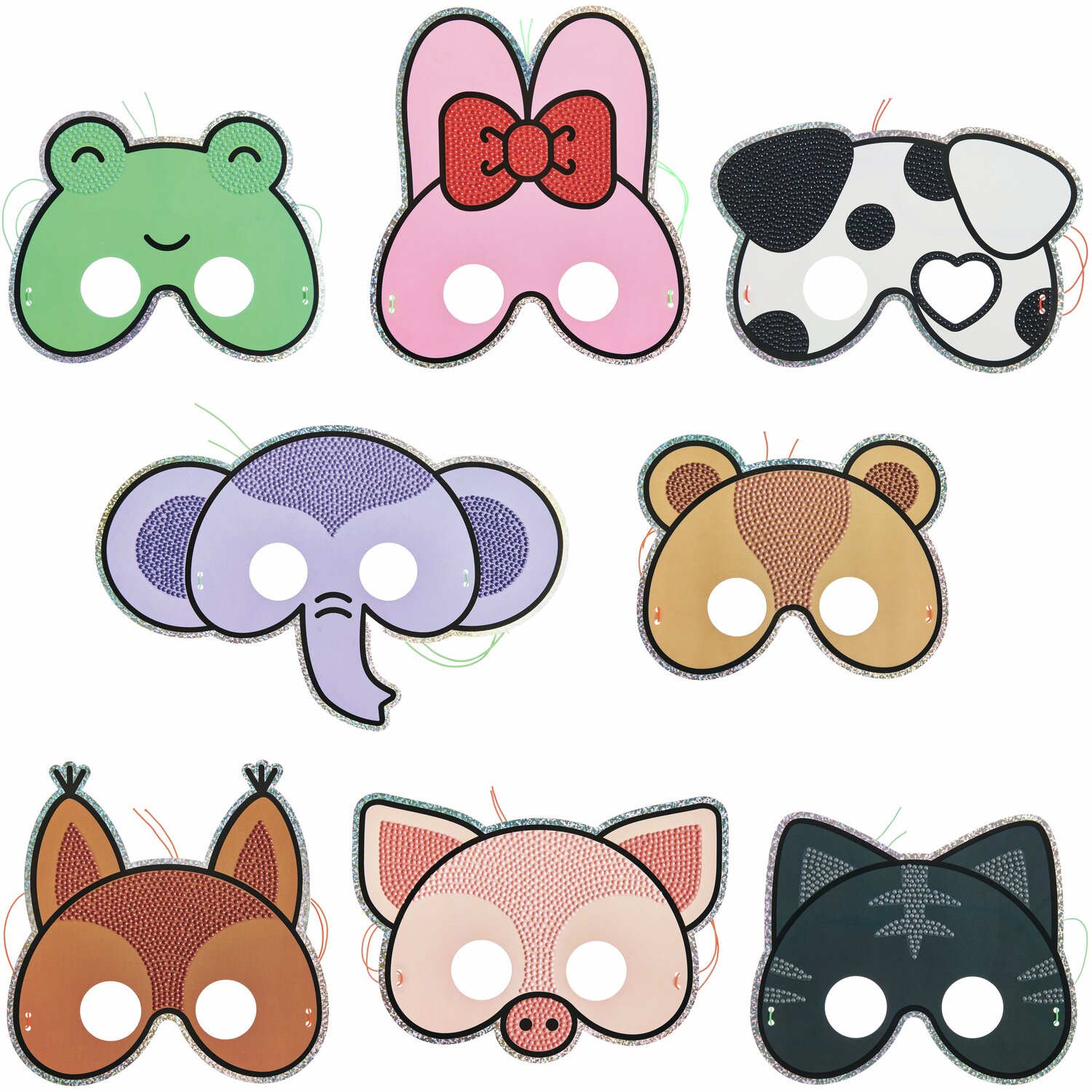 Diamond Painting Masken Tiere, 52-teilig, zeigen bunte Tiermasken in verschiedenen Designs. Ideal für kreative Bastelprojekte und Kinderpartys.